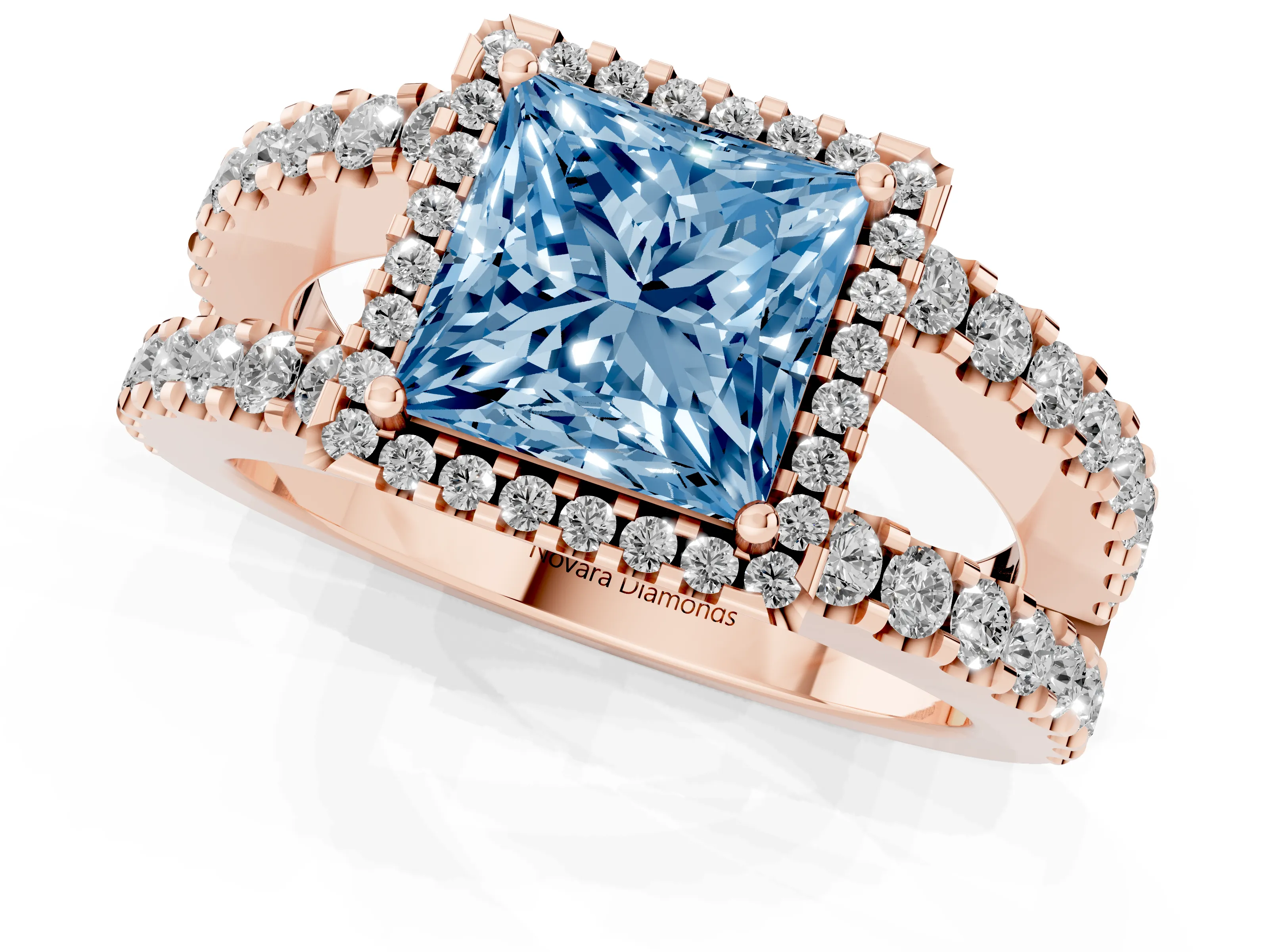 Fancy Blue Princess Cut Diamond Halo Ring Set in Rose gold with Pavé Split Shank and Prong Setting