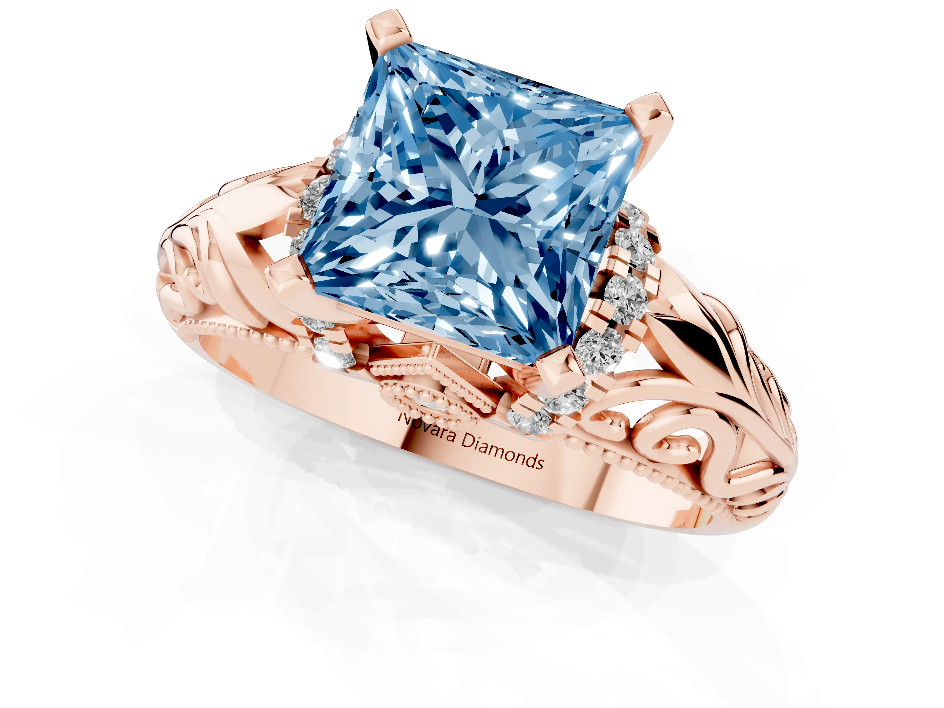 Fancy Blue Princess Cut Diamond Filigree Halo Engagement Ring Set in Rose gold with Prong Setting