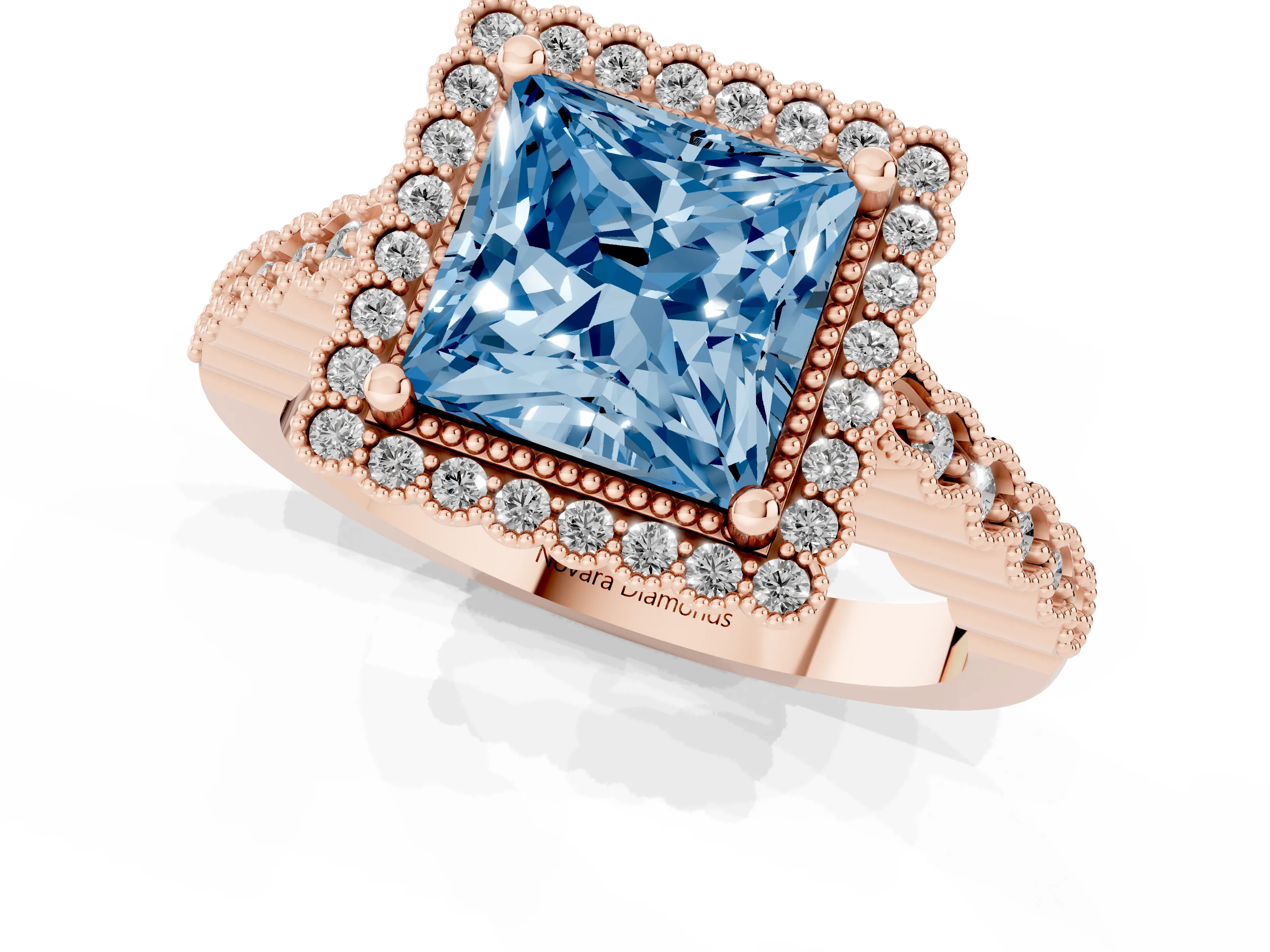 Fancy Blue Princess Cut Diamond Halo Ring Set in Rose gold with Pavé Milgrain Band