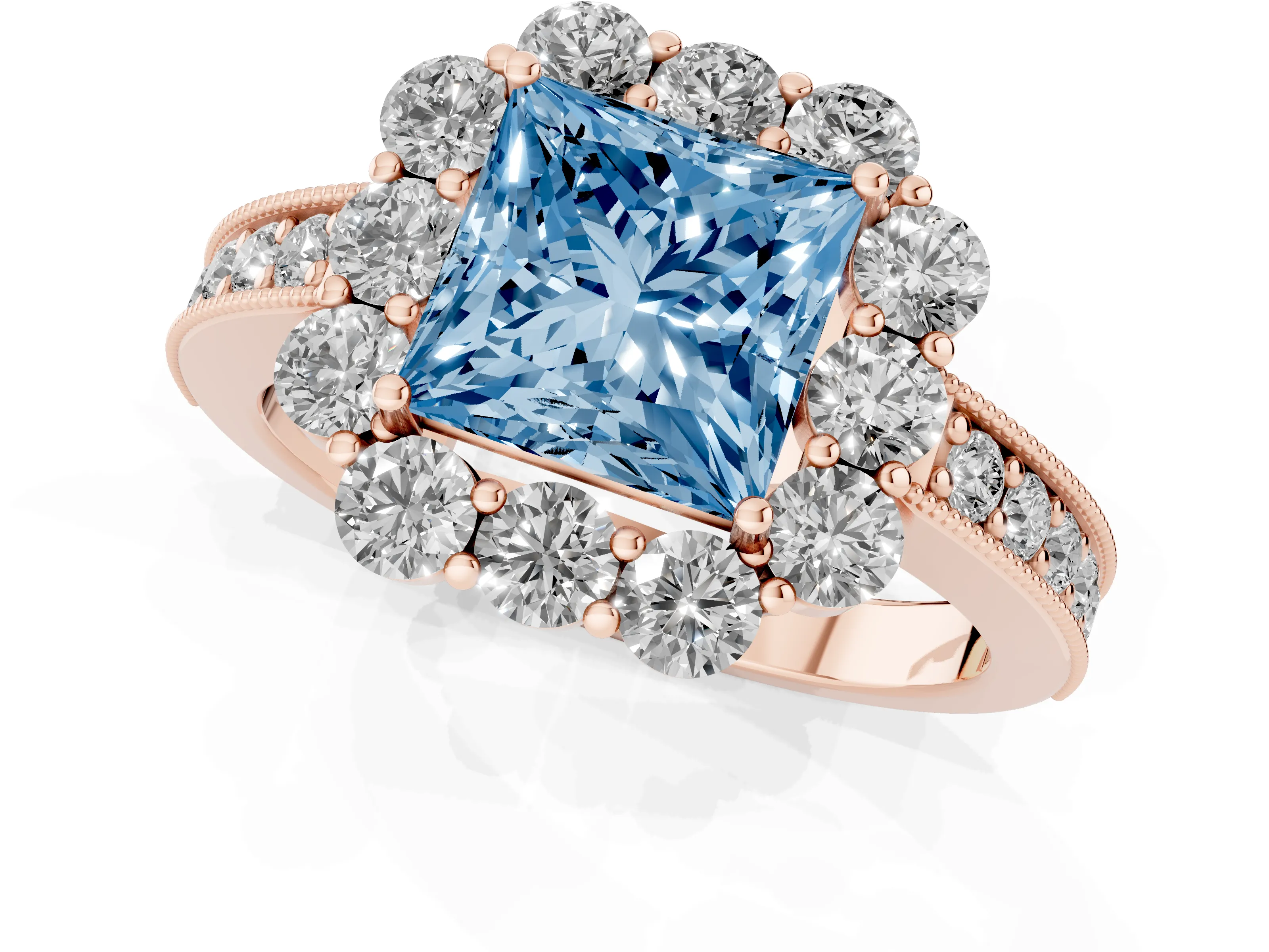 Fancy Blue Princess Cut Diamond Halo Pavé Engagement Ring Set in Rose gold with Milgrain Detailing