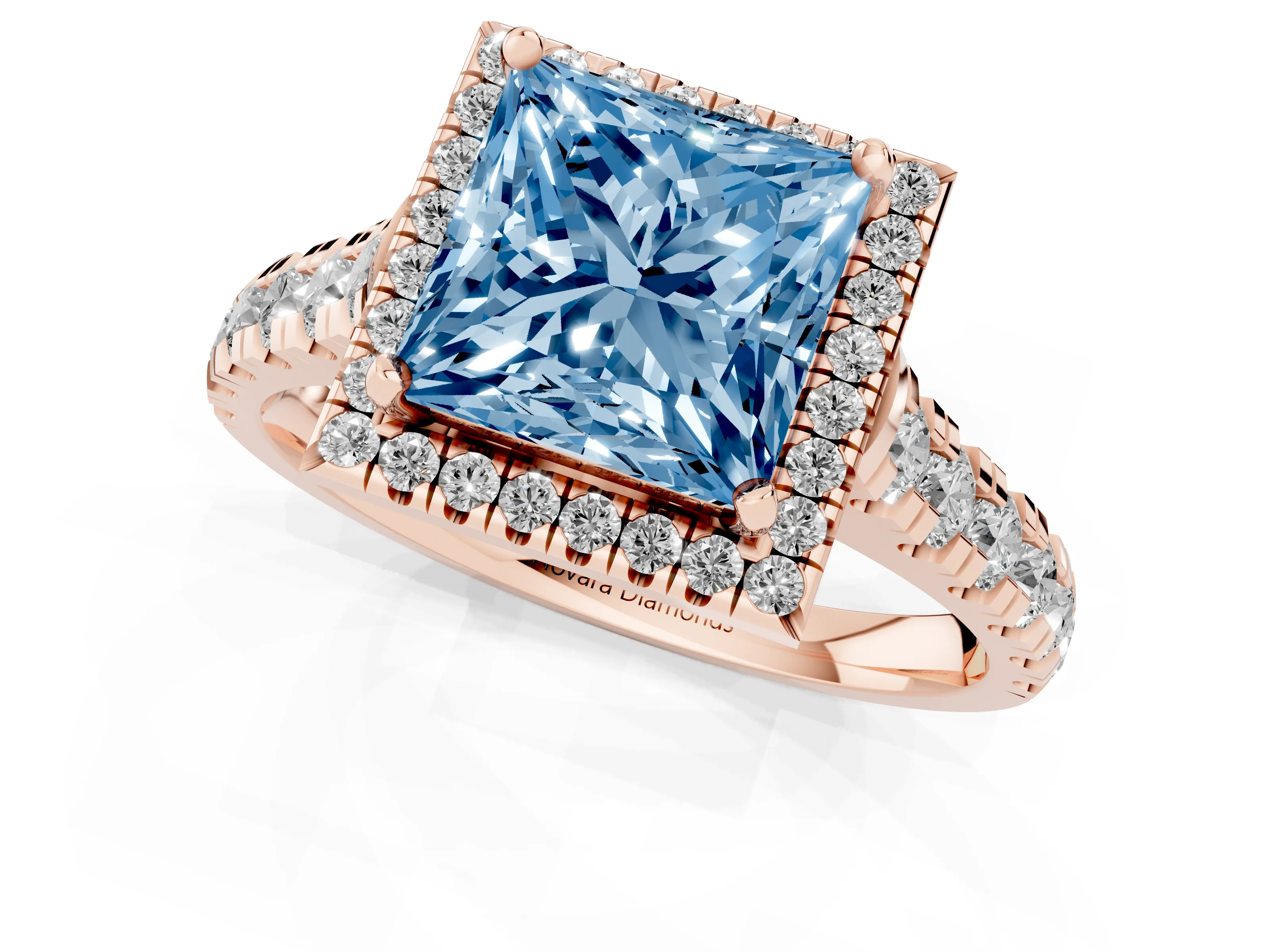 Fancy Blue Princess Cut Diamond Halo Engagement Ring Set in Rose gold with Pavé Band and Prong-Set Center