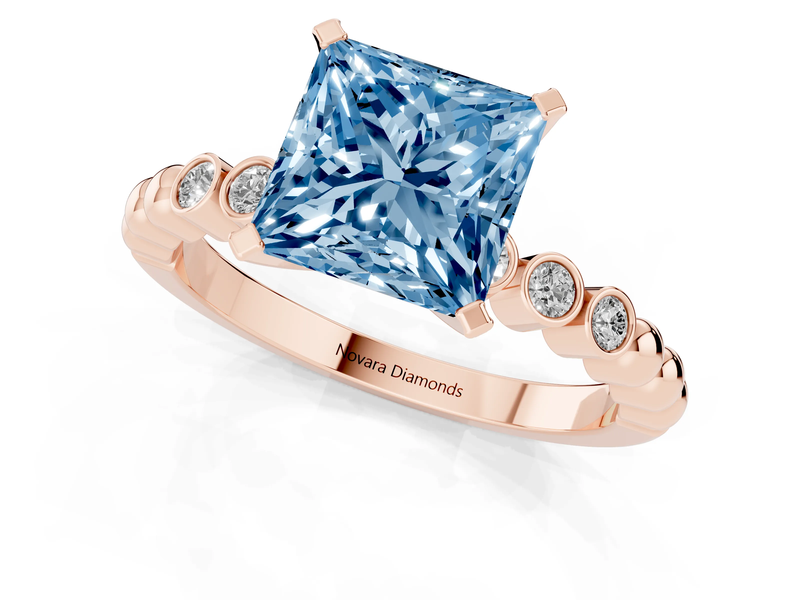 Fancy Blue Princess Cut Diamond Solitaire Engagement Ring Set in Rose gold with Bezel Accents on Beaded Band