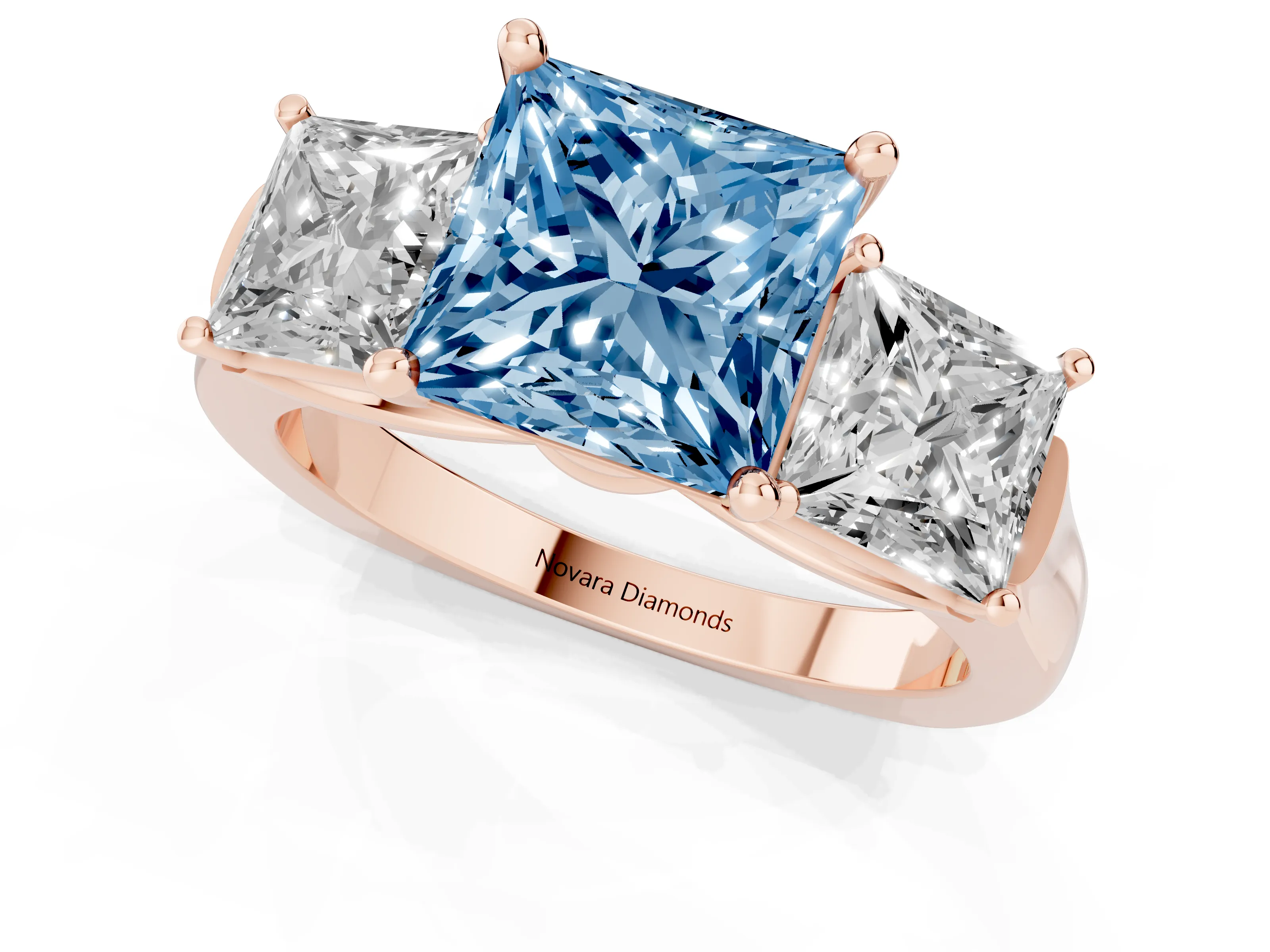 Fancy Blue Princess Cut Diamond Three-Stone Trellis Ring Set in Rose gold with Comfort Fit Band
