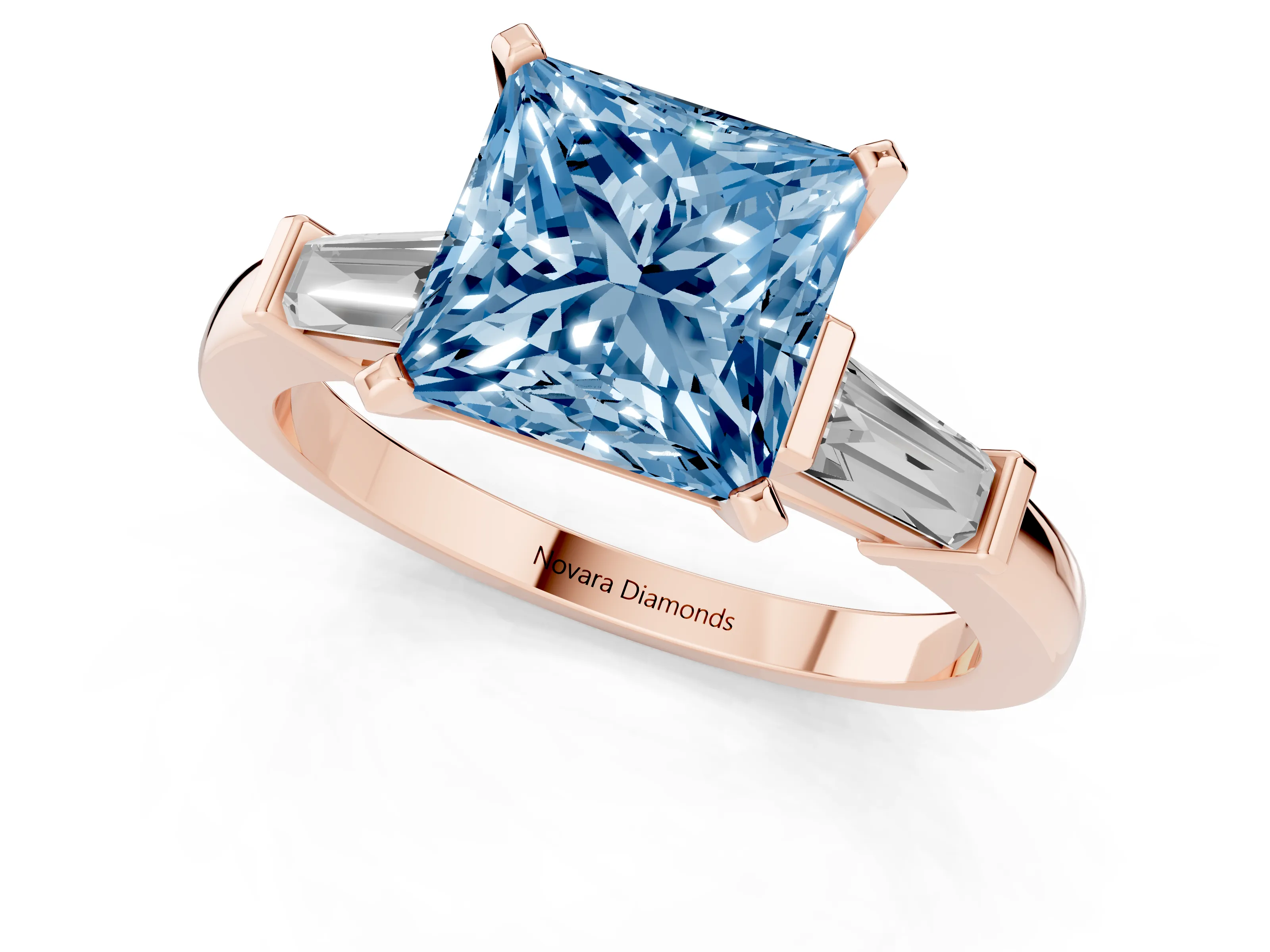 Fancy Blue Princess Cut Diamond Solitaire Ring Set in Rose gold with Tapered Baguette Accents and Prong Setting