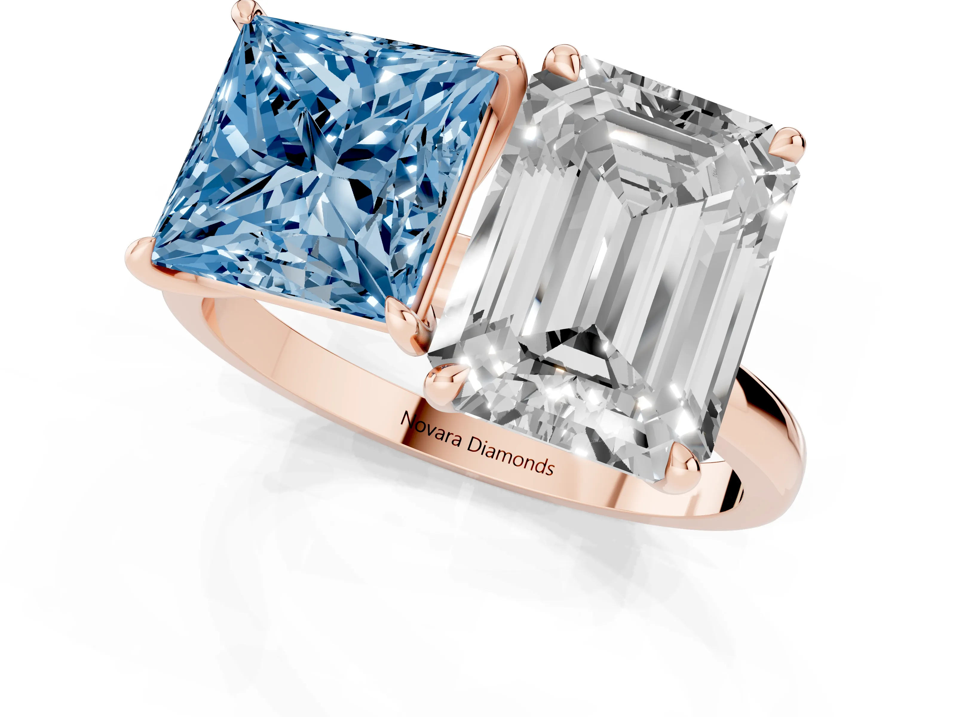 Fancy Blue Princess Cut and Emerald Cut Toi Moi Ring Set in Rose gold with Prong Setting
