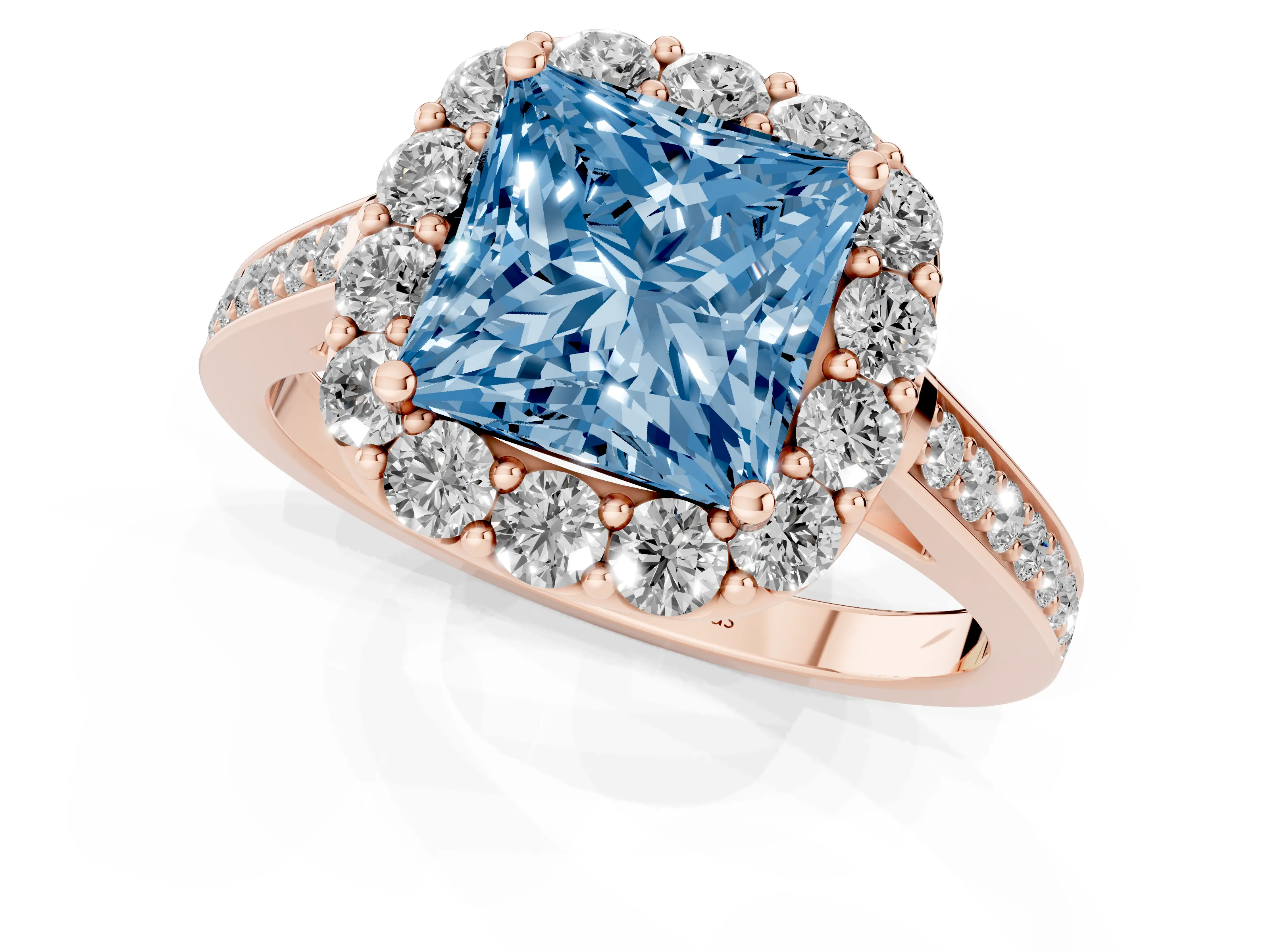 Fancy Blue Princess Cut Diamond Floral Halo Ring Set in Rose gold with Pavé Band and Prong Setting