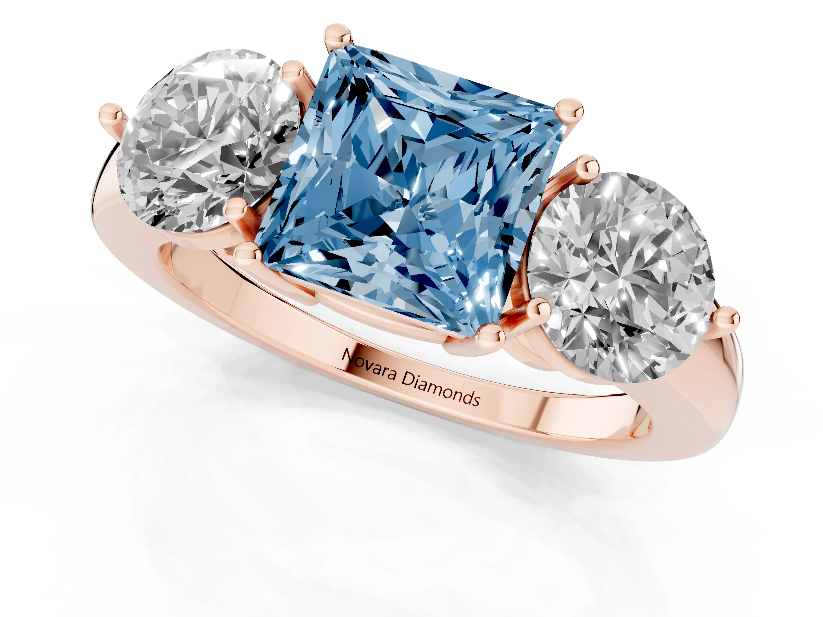 Fancy Blue Princess Cut Diamond Three-Stone Ring Set in Rose gold with Prong Setting and Plain Band