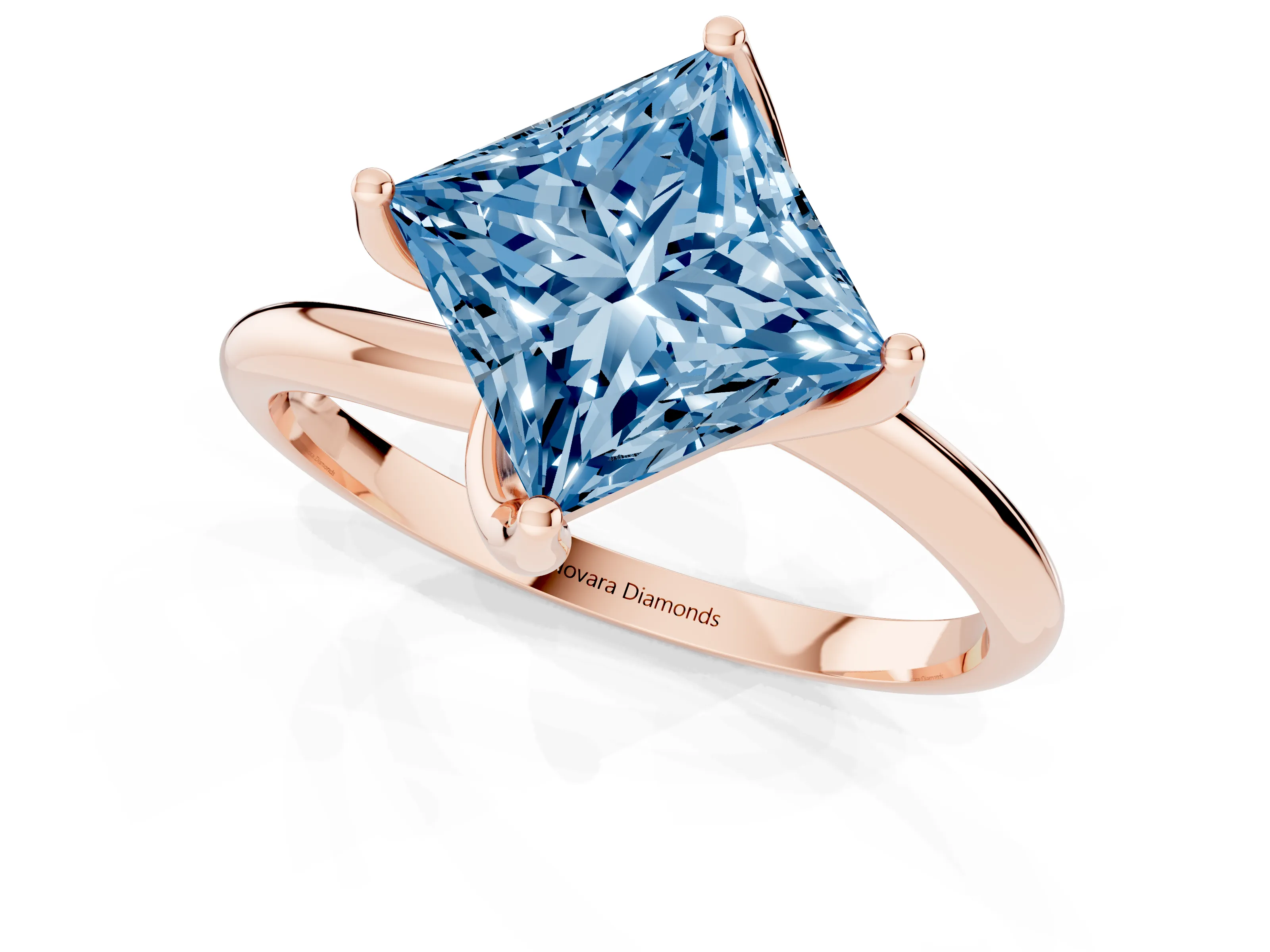 Fancy Blue Princess Cut Diamond Solitaire Engagement Ring Set in Rose gold with Classic Plain Band