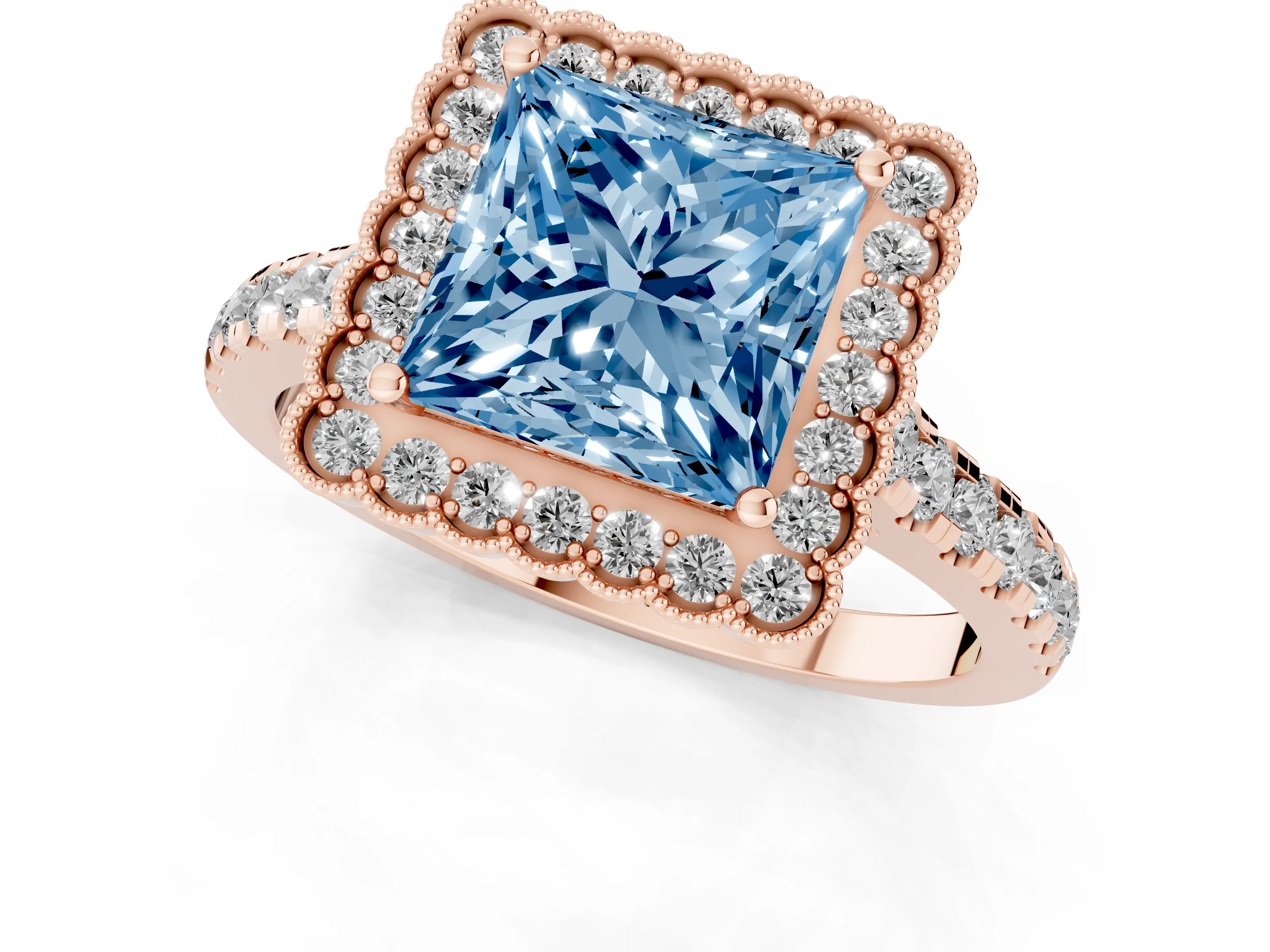Fancy Blue Princess Cut Diamond Milgrain Floral Halo Engagement Ring Set in Rose gold with Pavé Band
