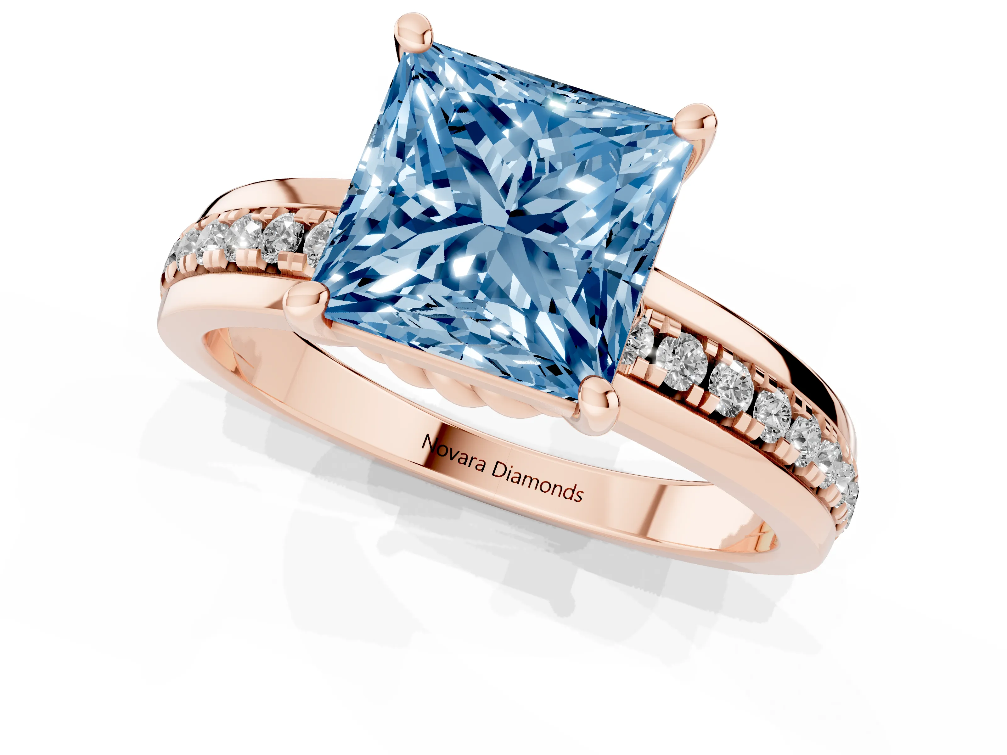 Fancy Blue Princess Cut Diamond Solitaire Ring Set in Rose gold with Channel Set Band and Prong Setting