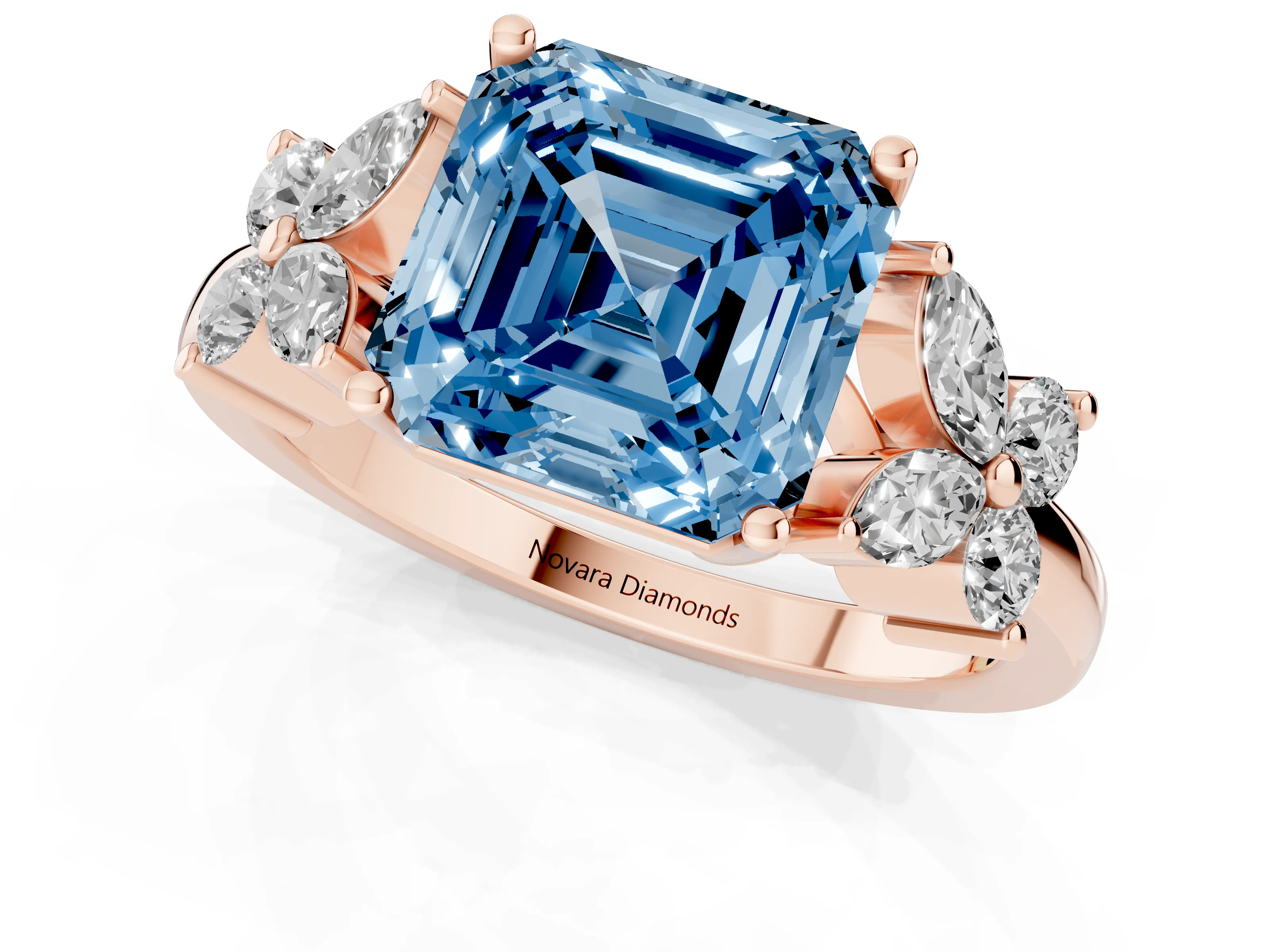 Fancy Blue Princess Cut Diamond Floral Cluster Ring Set in Rose gold with Marquise Petals and Prong Setting