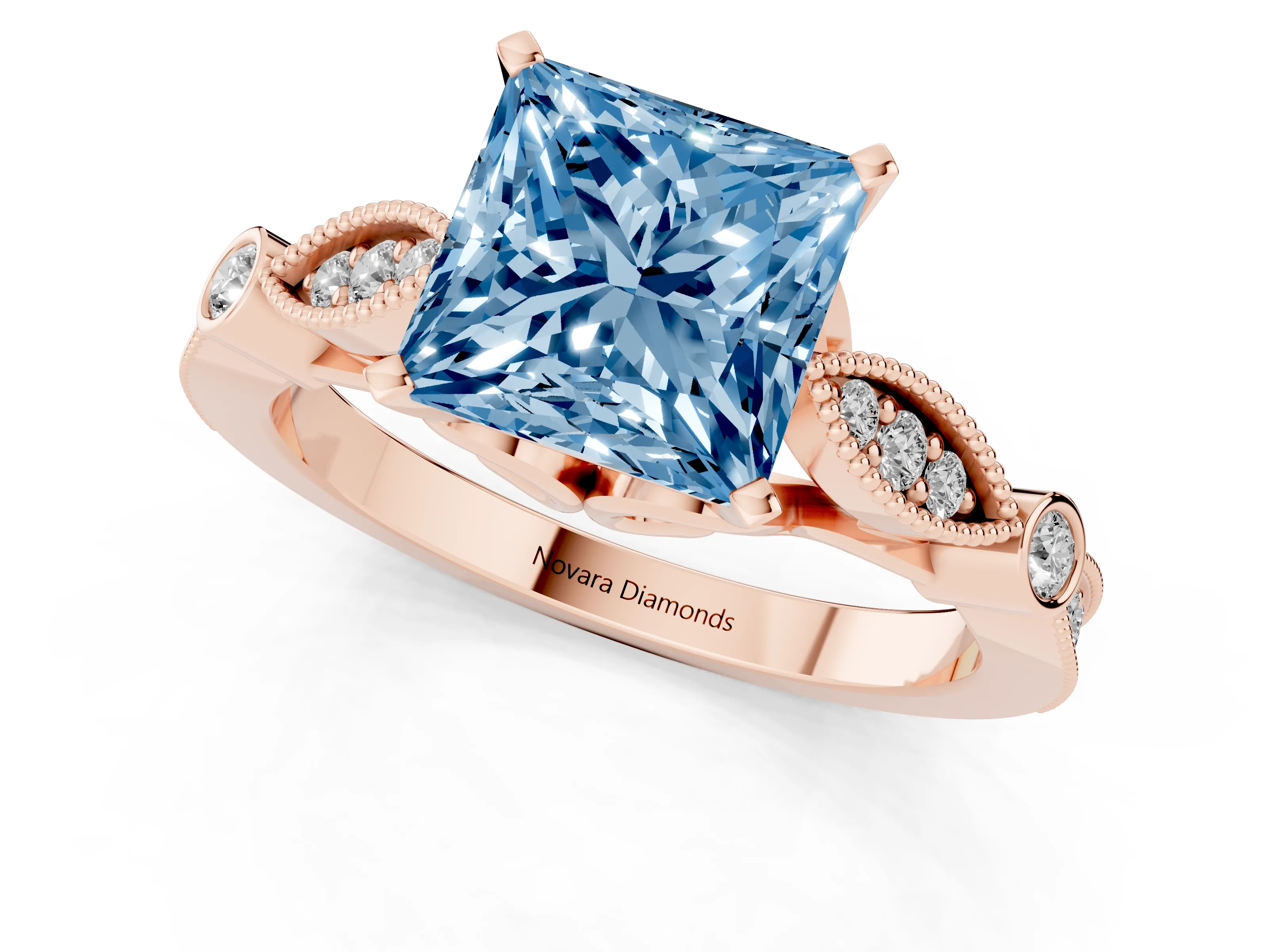 Fancy Blue Princess Cut Diamond Solitaire Ring Set in Rose gold with Milgrain Marquise and Bezel Accents