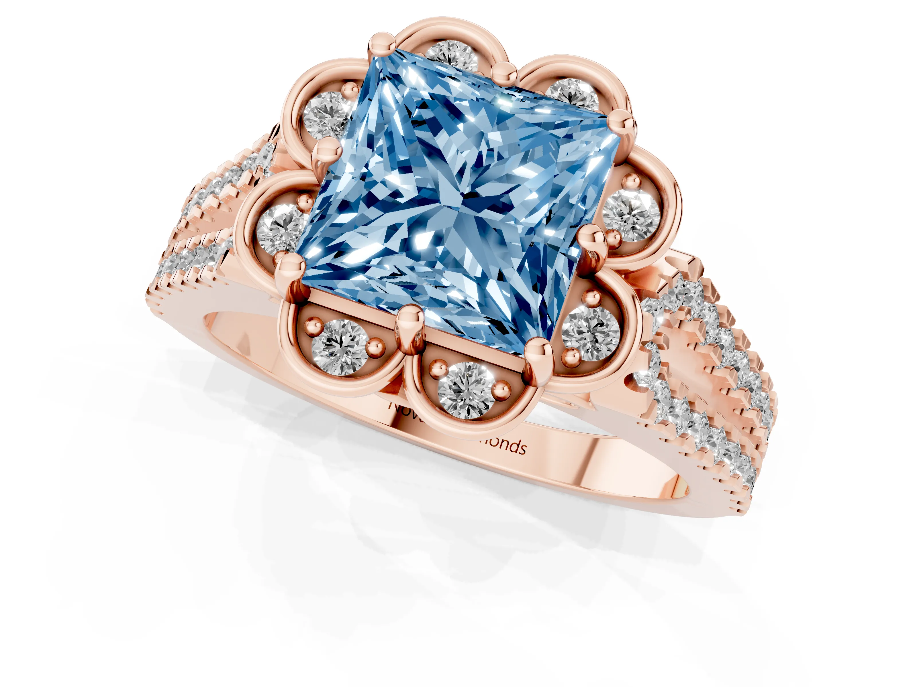 Fancy Blue Princess Cut Diamond Floral Halo Split Shank Engagement Ring Set in Rose gold with Pavé Shank