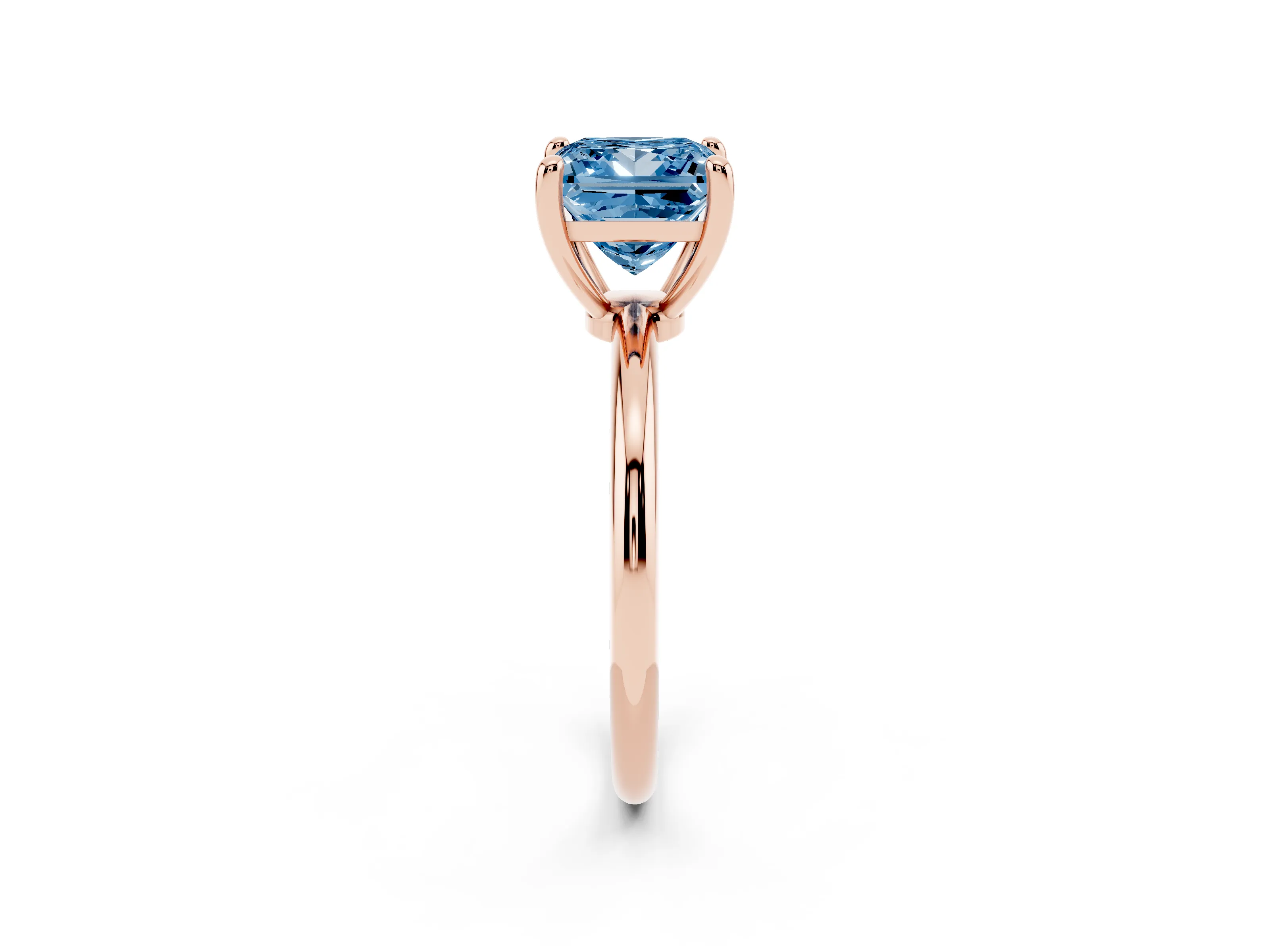 Fancy Blue Princess Cut Diamond Solitaire Ring Set in Rose gold with Secure Prong Setting on a Classic Band