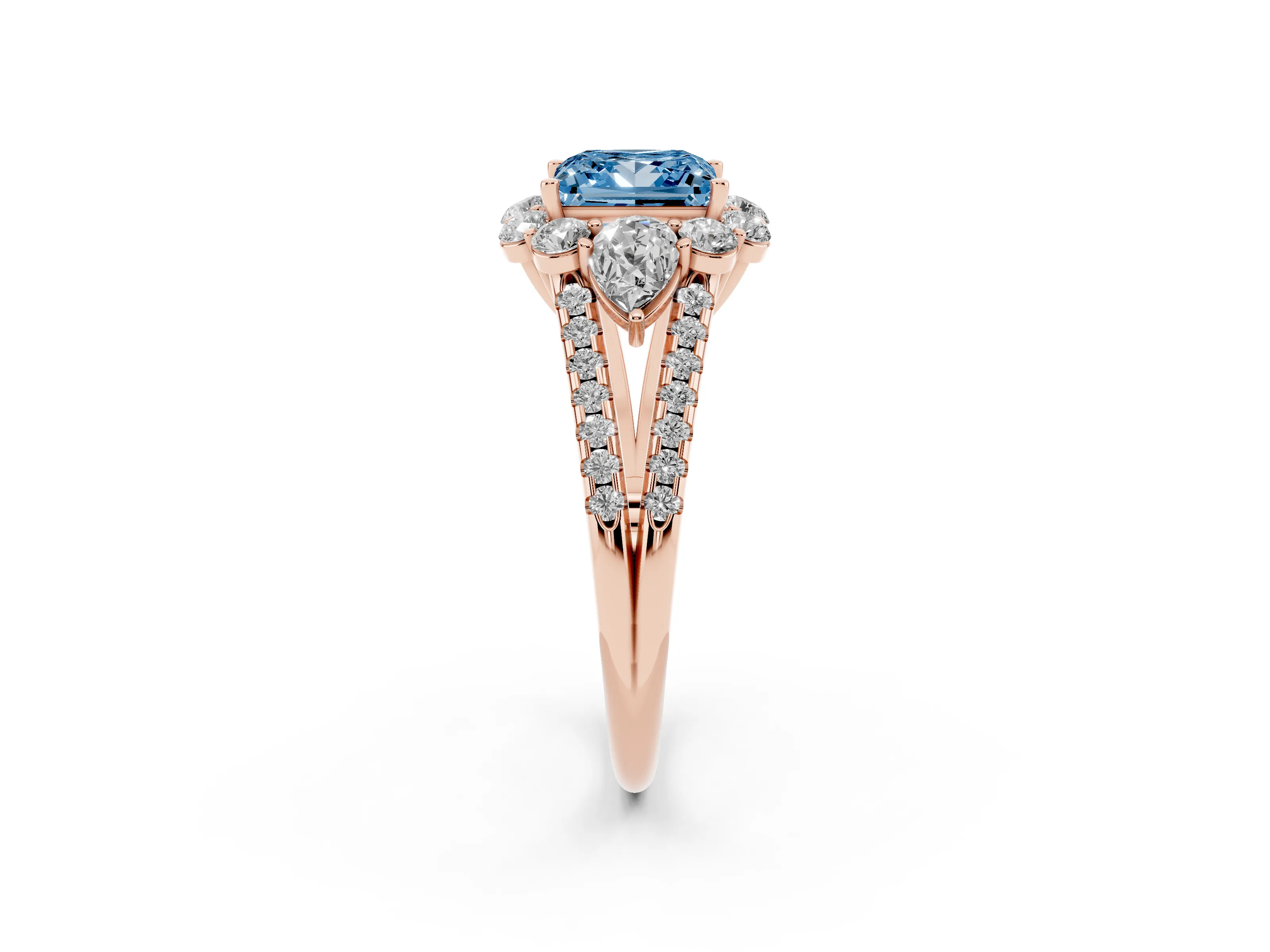 Fancy Blue Princess Cut Diamond Halo Split Shank Engagement Ring Set in Rose gold with Prong-Held Center Stone