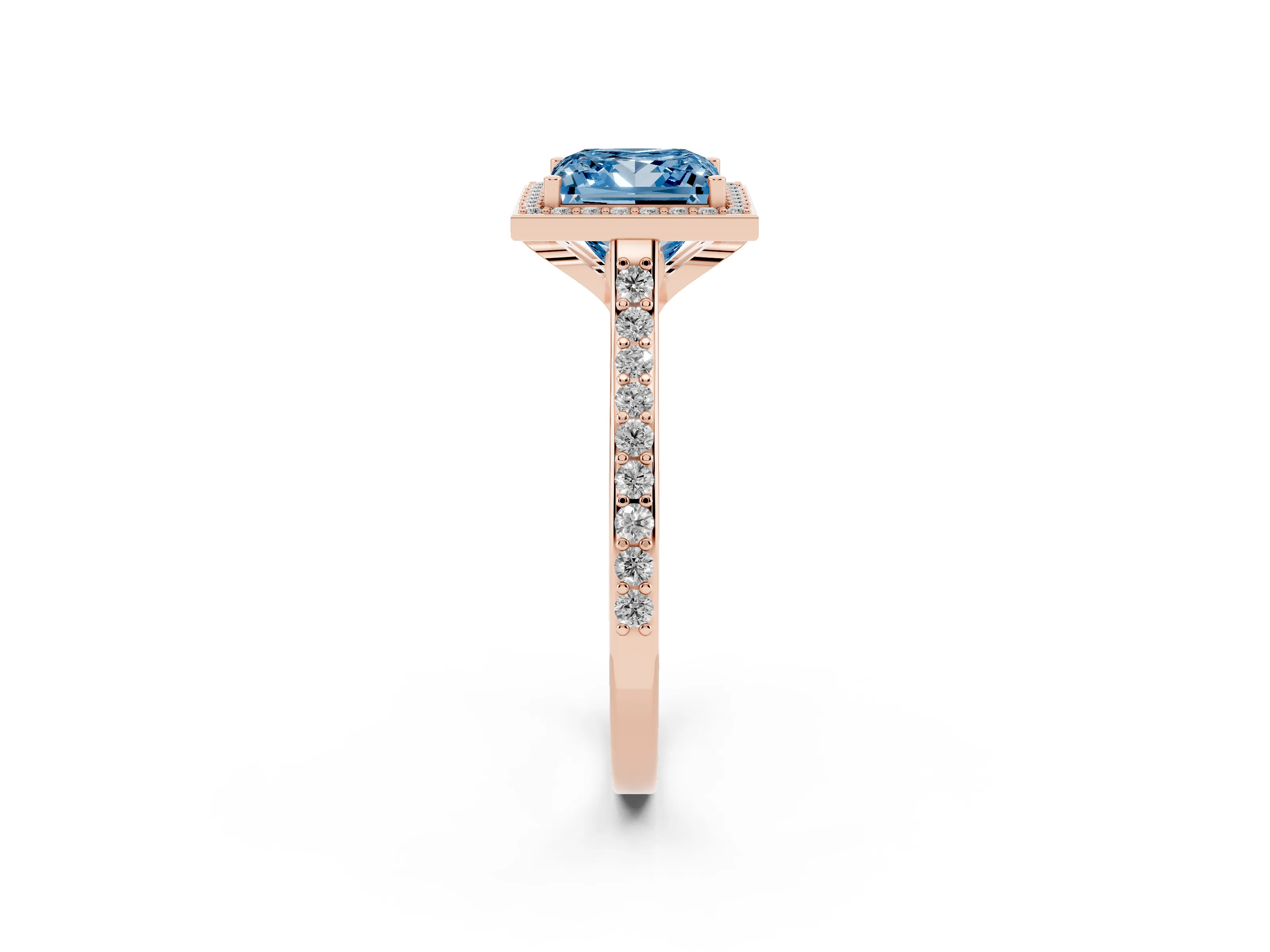Fancy Blue Princess Cut Diamond Halo Engagement Ring Set in Rose gold with Round Pavé Shoulders and Heart Gallery