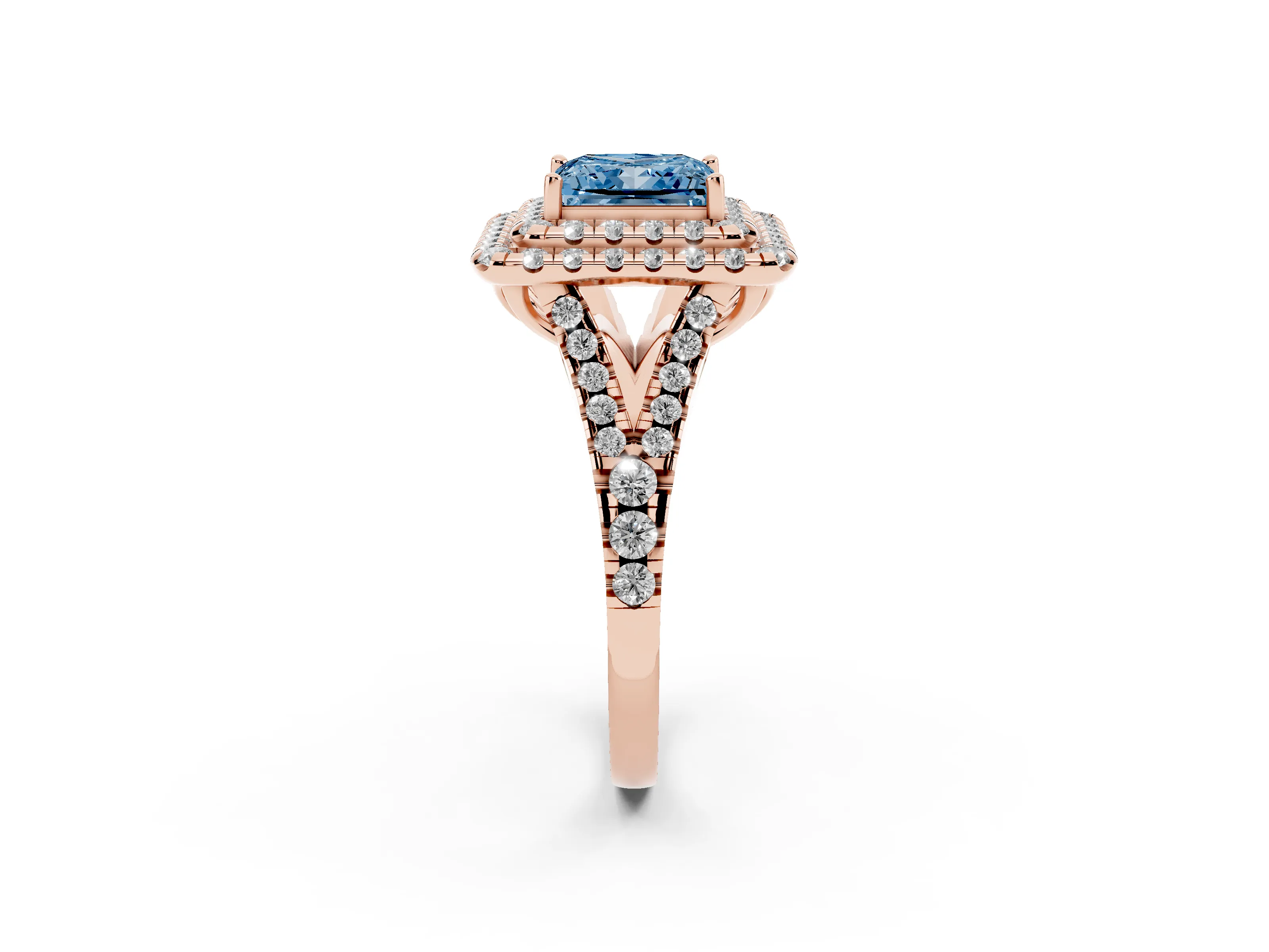 Fancy Blue Princess Cut Diamond Double Halo Ring Set in Rose gold with Pavé Split Shank and Prong Setting