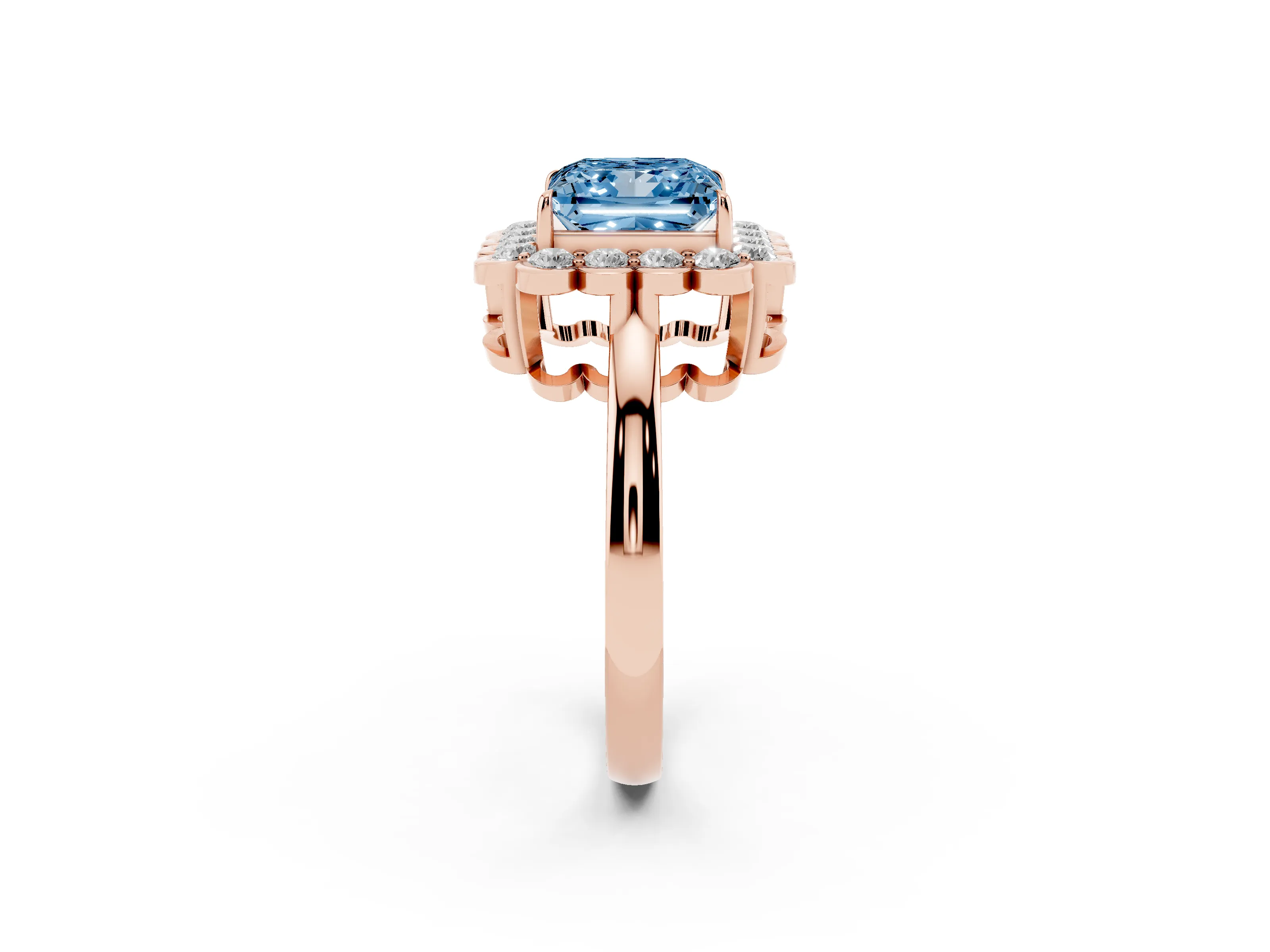 Fancy Blue Princess Cut Diamond Halo Cluster Engagement Ring Set in Rose gold with Solitaire Band and Prong Setting