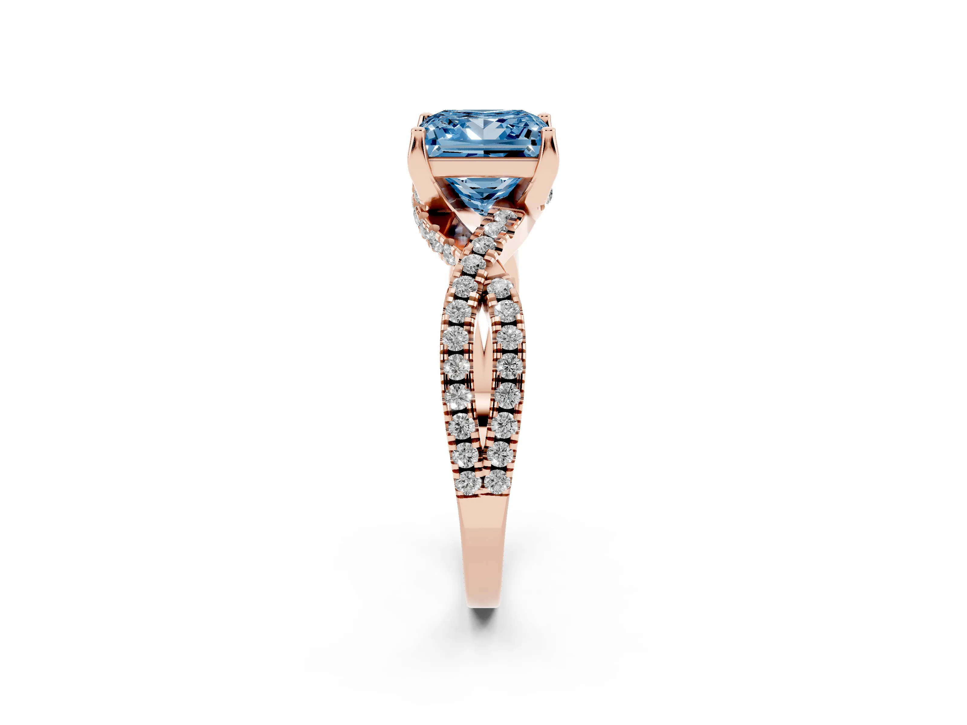 Fancy Blue Princess Cut Diamond Twist Pavé Solitaire Engagement Ring Set in Rose gold with Prong Setting