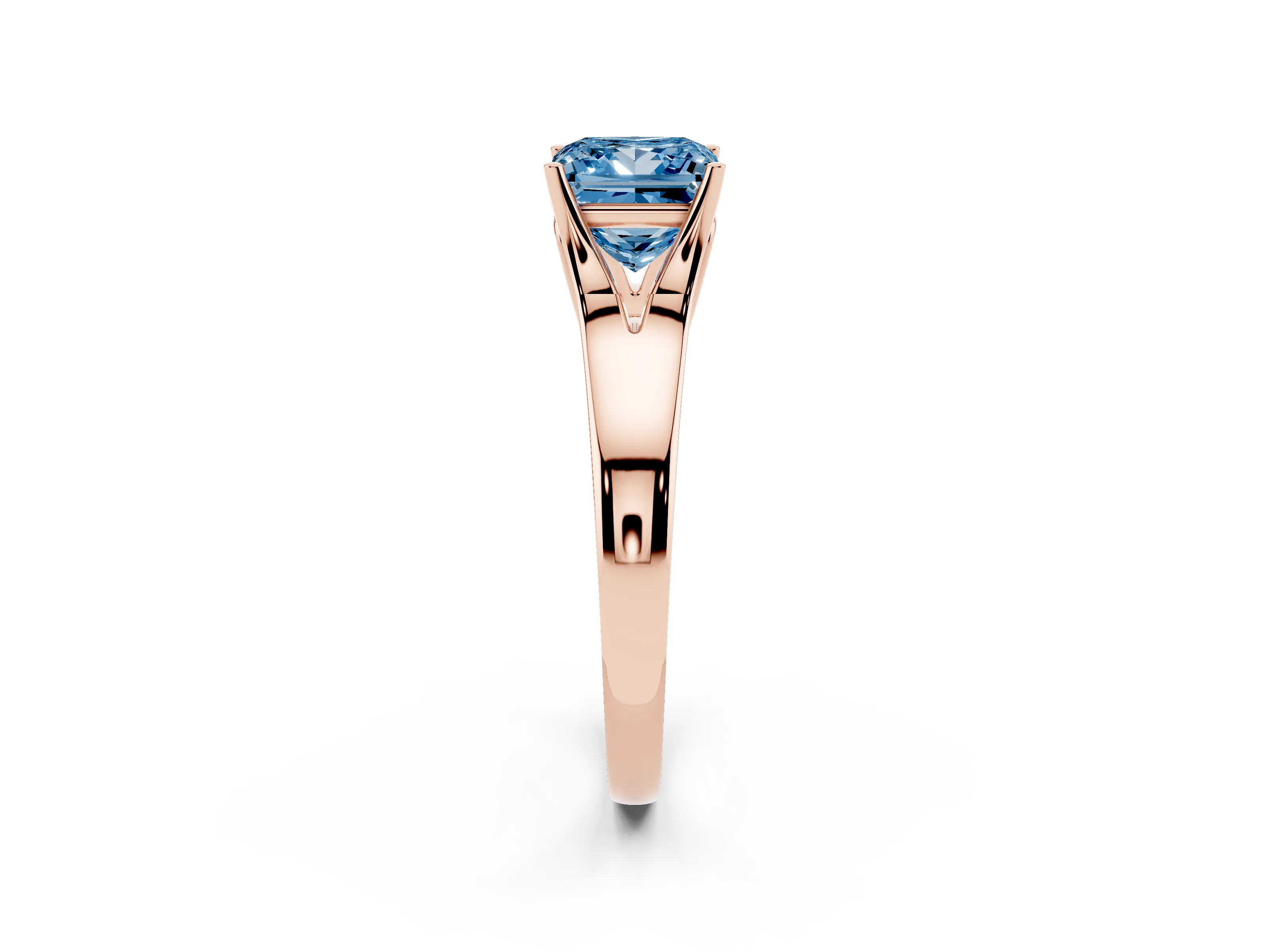 Fancy Blue Princess Cut Diamond Solitaire Ring Set in Rose gold with Arched Cathedral Band and Prong Setting