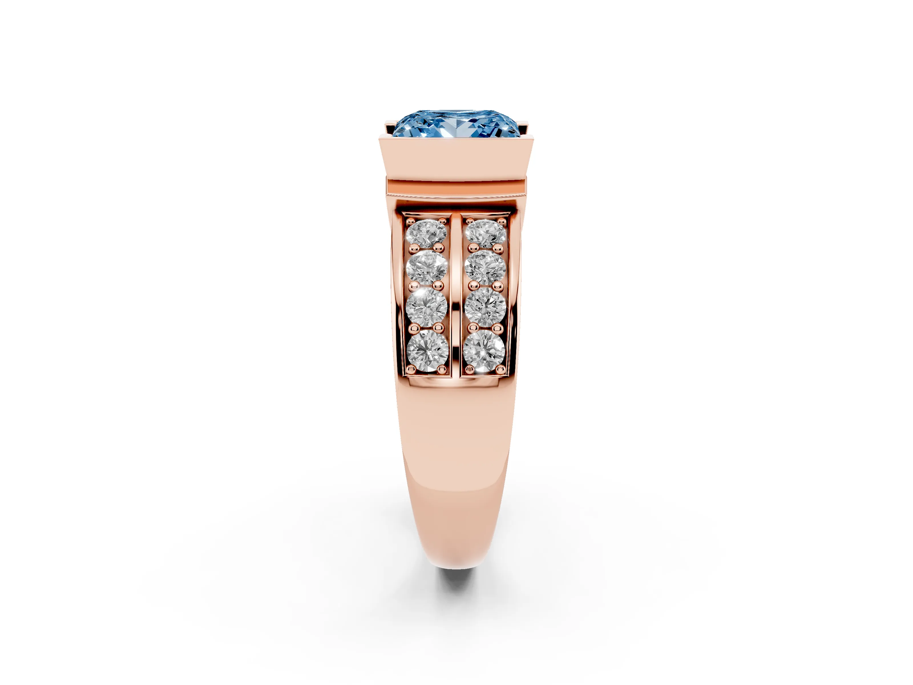 Fancy Blue Princess Cut Diamond Wide Channel Set Band Ring Set in Rose gold with Bezel Setting