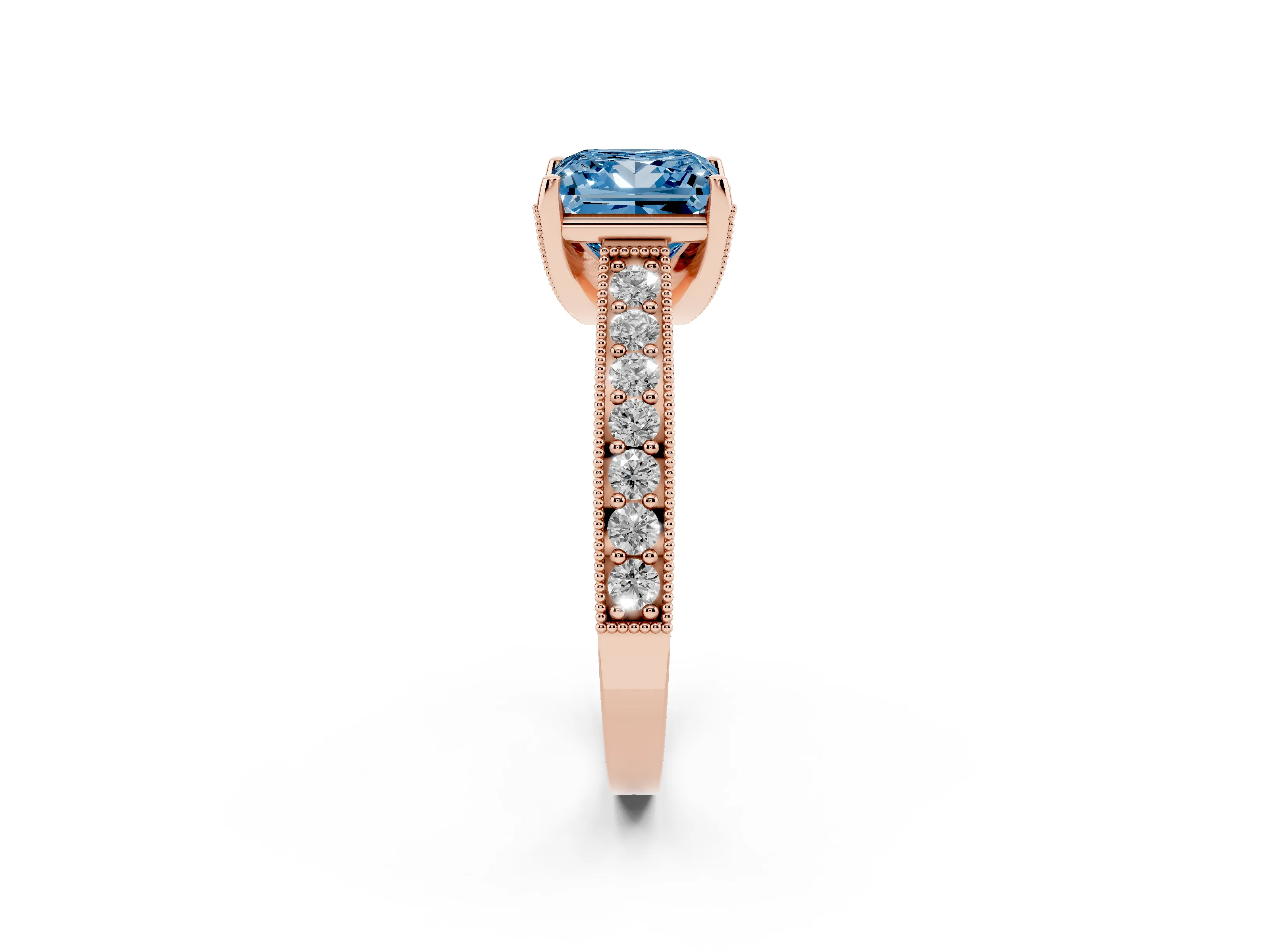 Fancy Blue Princess Cut Diamond Solitaire Ring Set in Rose gold with Milgrain-Edged Pavé Band and Prong Setting