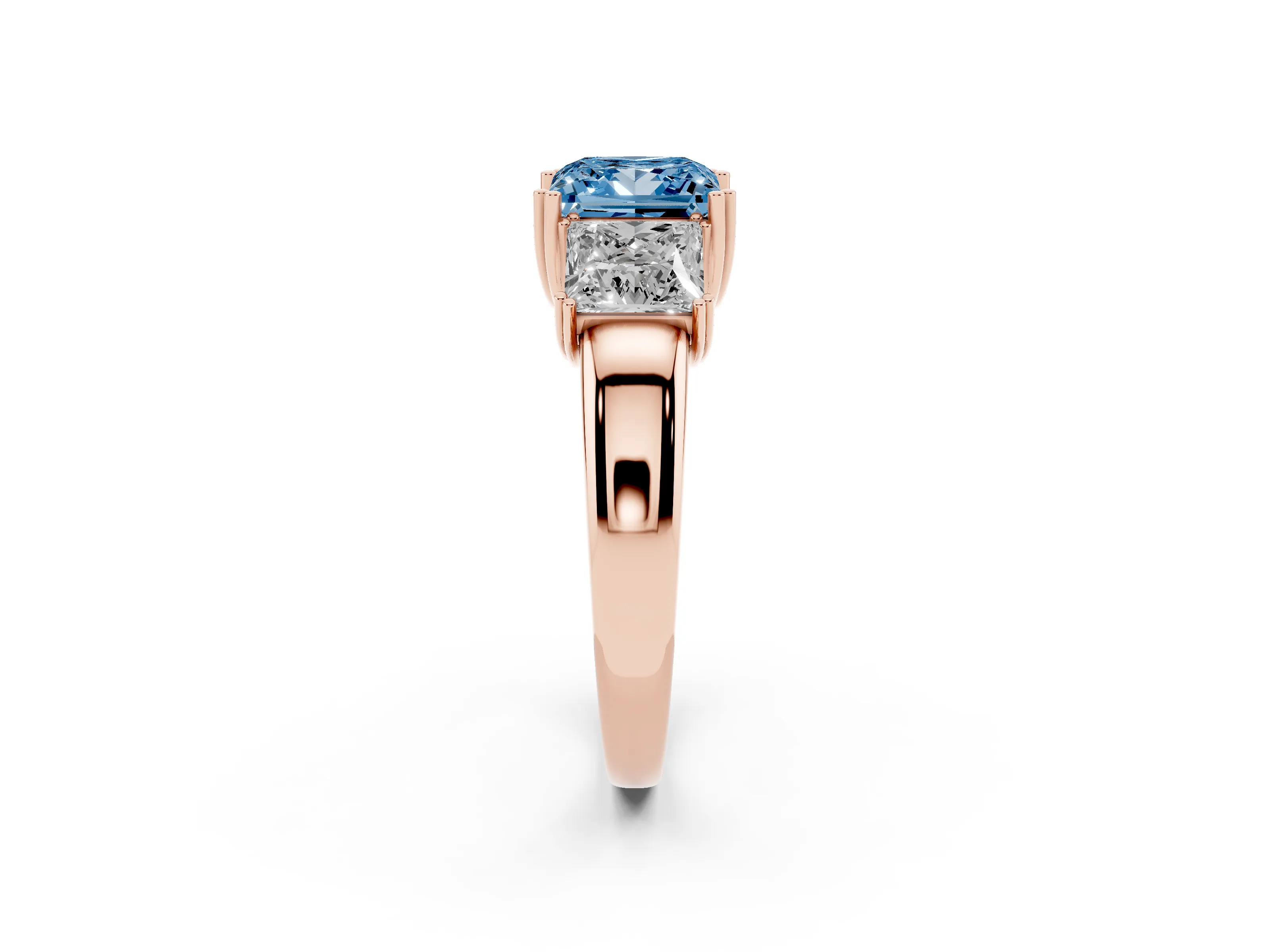 Fancy Blue Princess Cut Diamond Three-Stone Ring Set in Rose gold with Polished Channel-Set Band