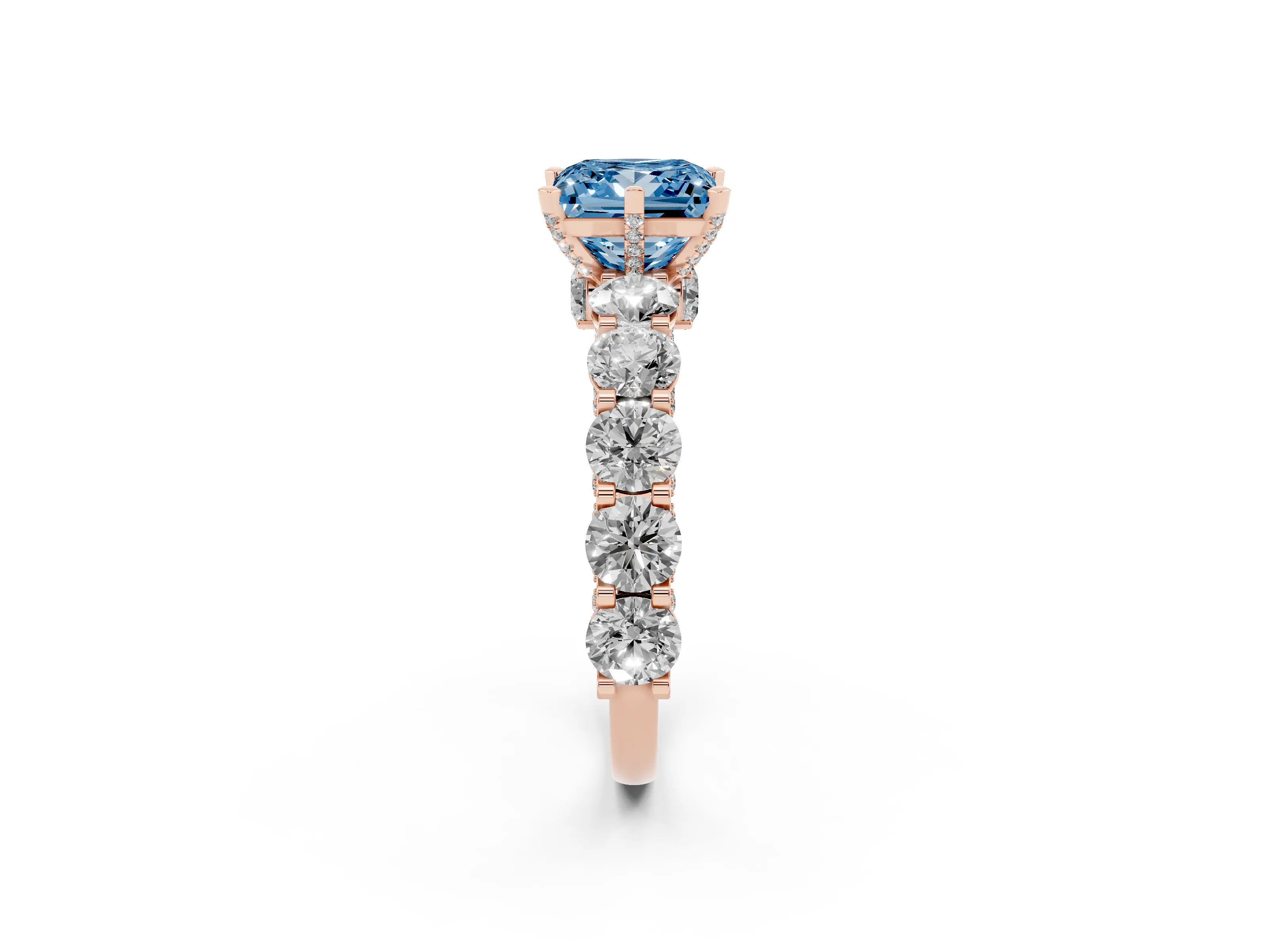 Fancy Blue Princess Cut Diamond Side Stone Ring Set in Rose gold with Alternating Round and Oval Side Stones