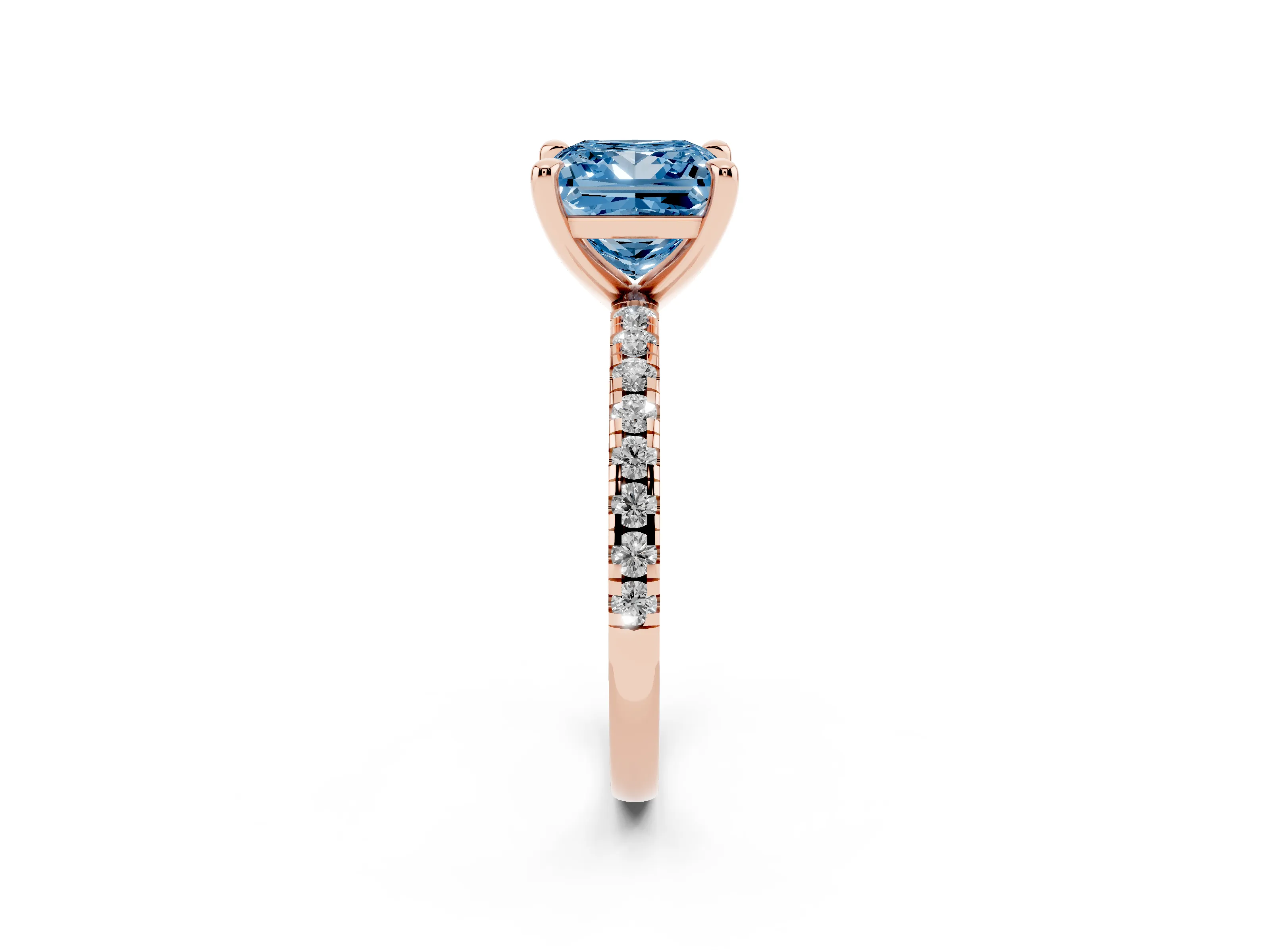 Fancy Blue Princess Cut Diamond Brilliant Solitaire Ring Set in Rose gold with Pavé Band and Prong Setting