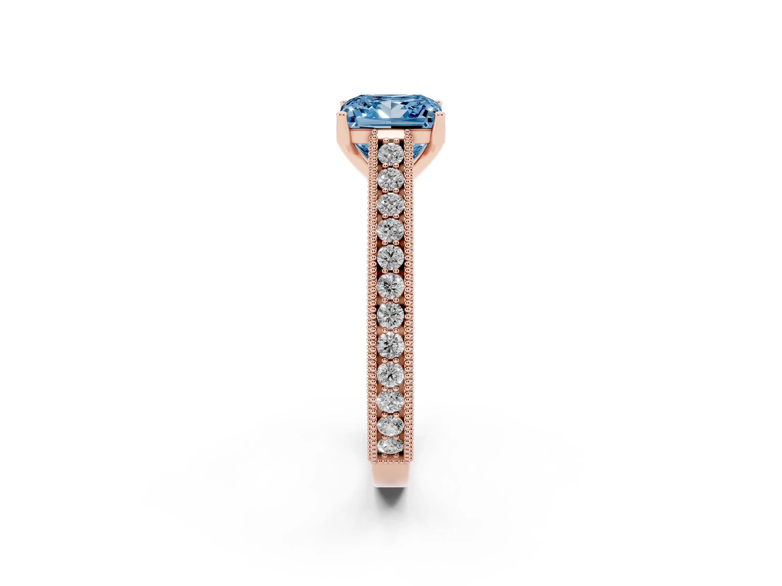 Fancy Blue Princess Cut Diamond Milgrain Pavé Band Solitaire Ring Set in Rose gold with Prong Setting