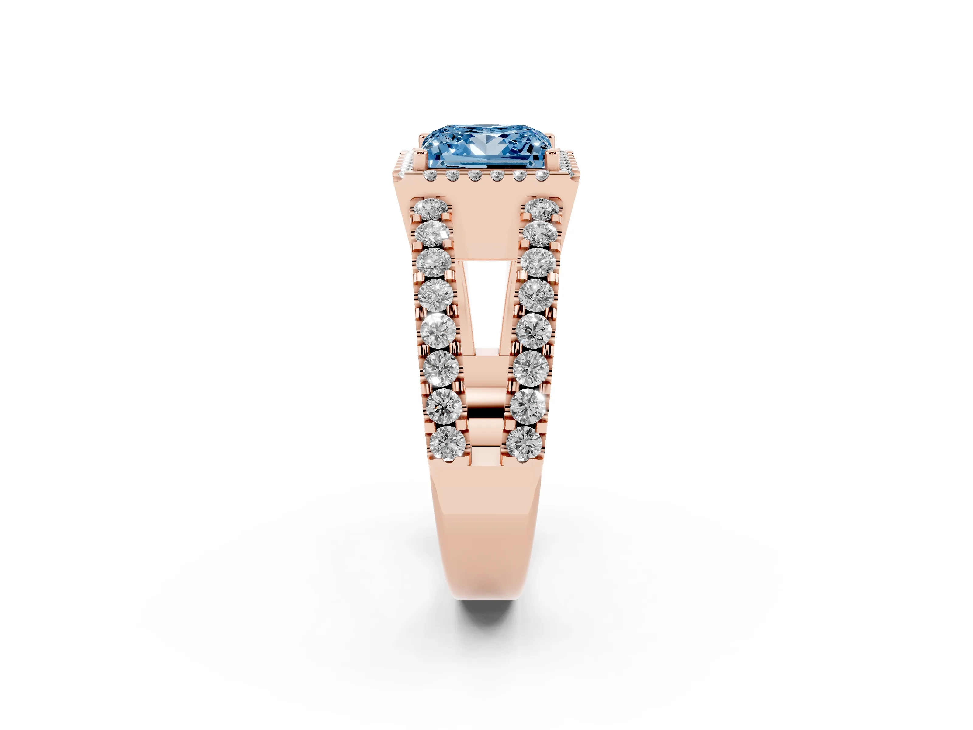 Fancy Blue Princess Cut Diamond Halo Ring Set in Rose gold with Pavé Split Shank and Prong Setting