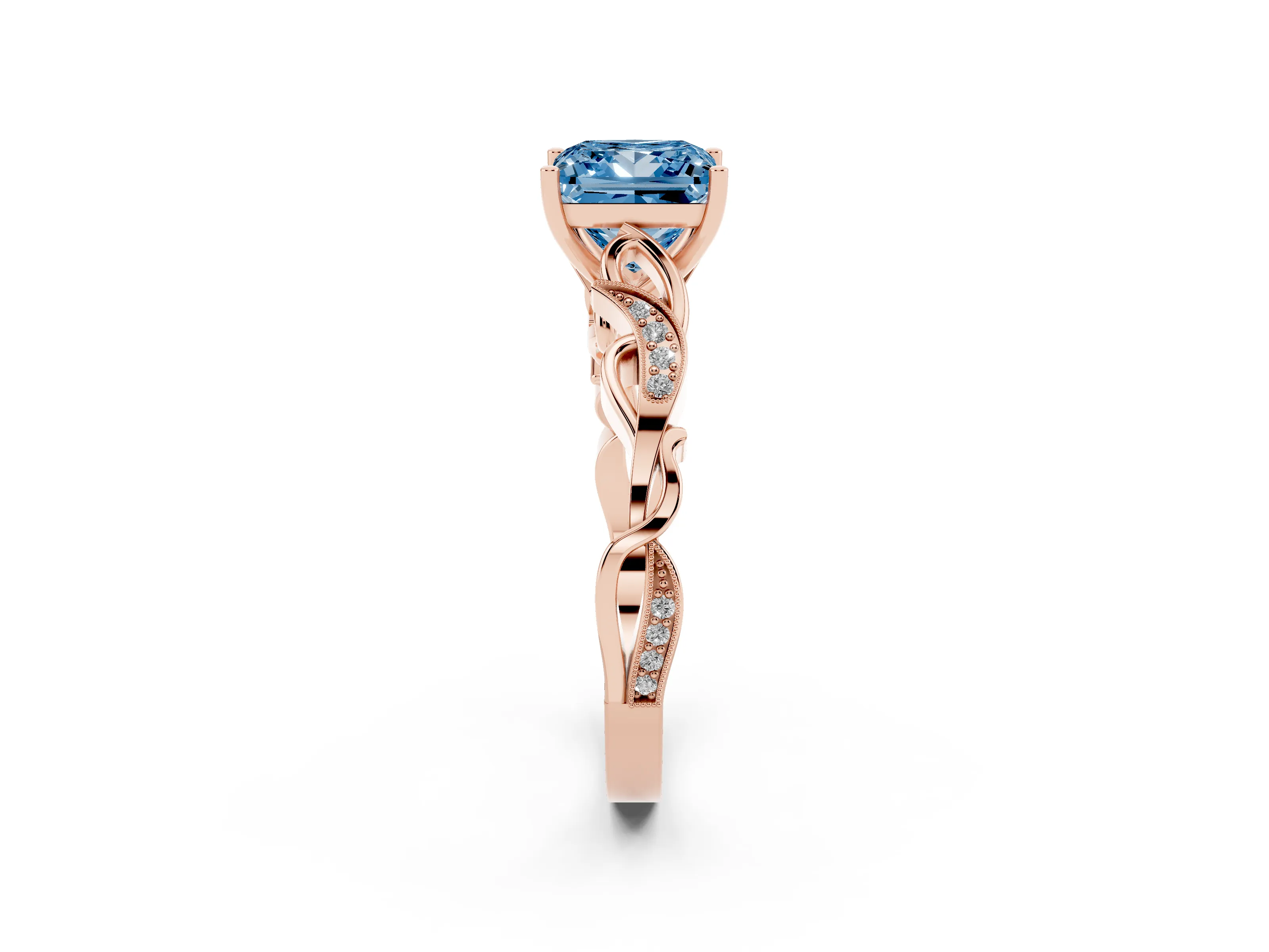 Fancy Blue Princess Cut Diamond Vine Band Solitaire Ring Set in Rose gold with Milgrain Prong Setting