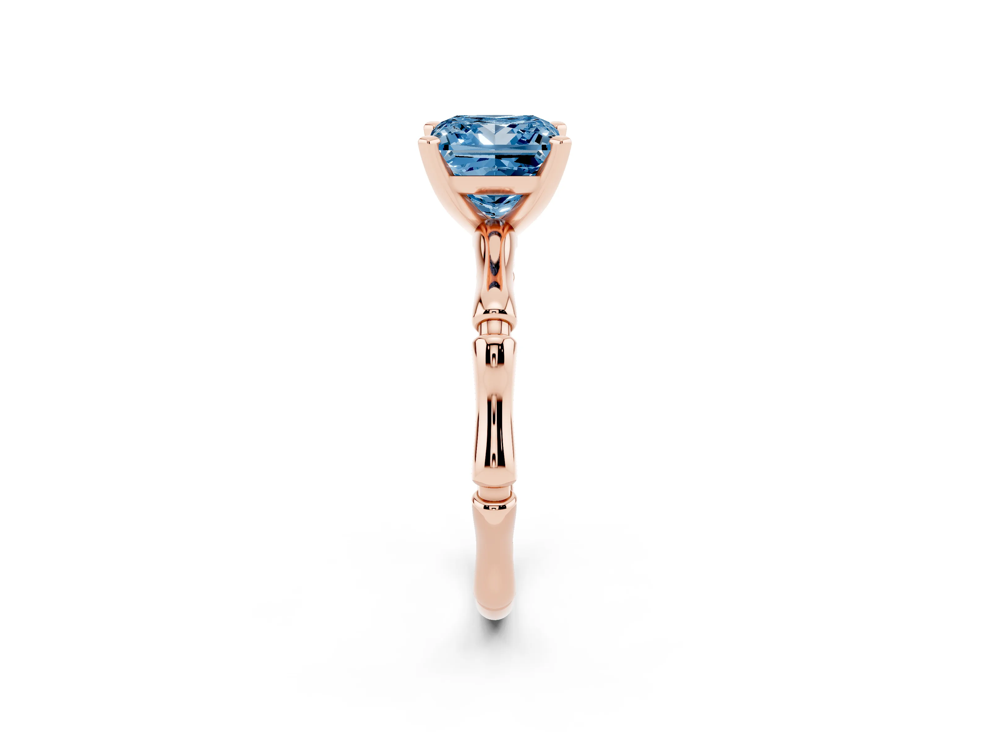 Fancy Blue Princess Cut Diamond Solitaire Ring Set in Rose gold with Bamboo Band and Prong Setting