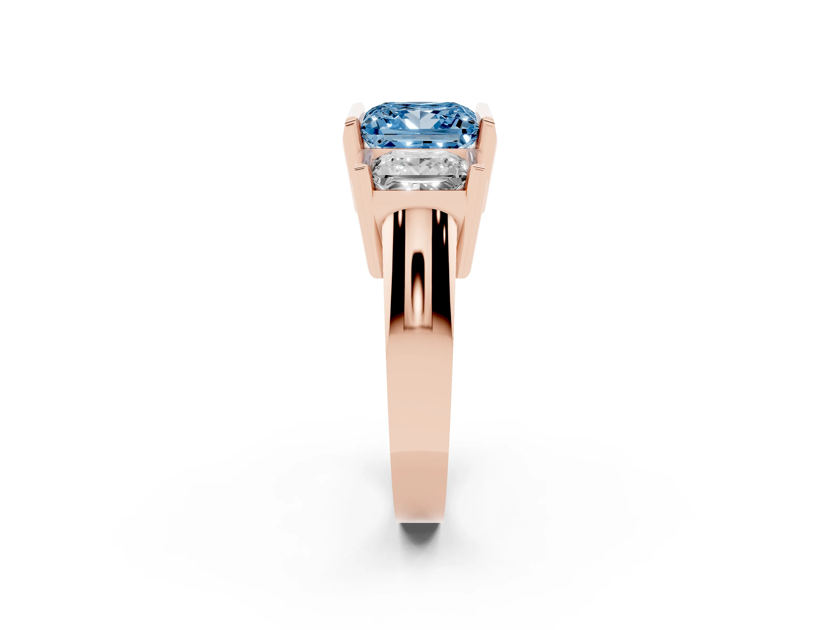 Fancy Blue Princess Cut Diamond Three-Stone Channel Set Ring Set in Rose gold with Smooth Polished Band