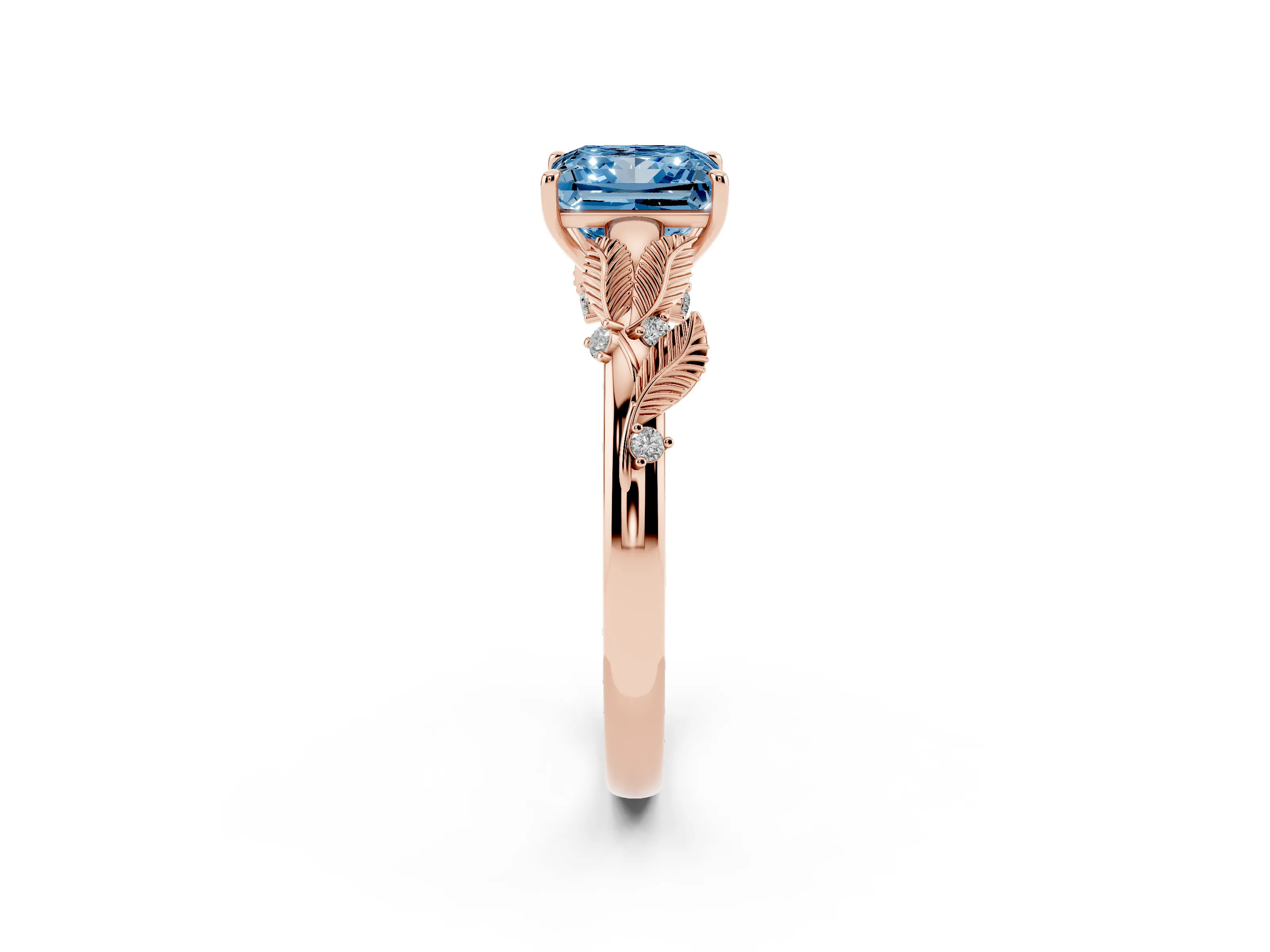 Fancy Blue Princess Cut Diamond Solitaire Ring Set in Rose gold with Leaf Motif Band