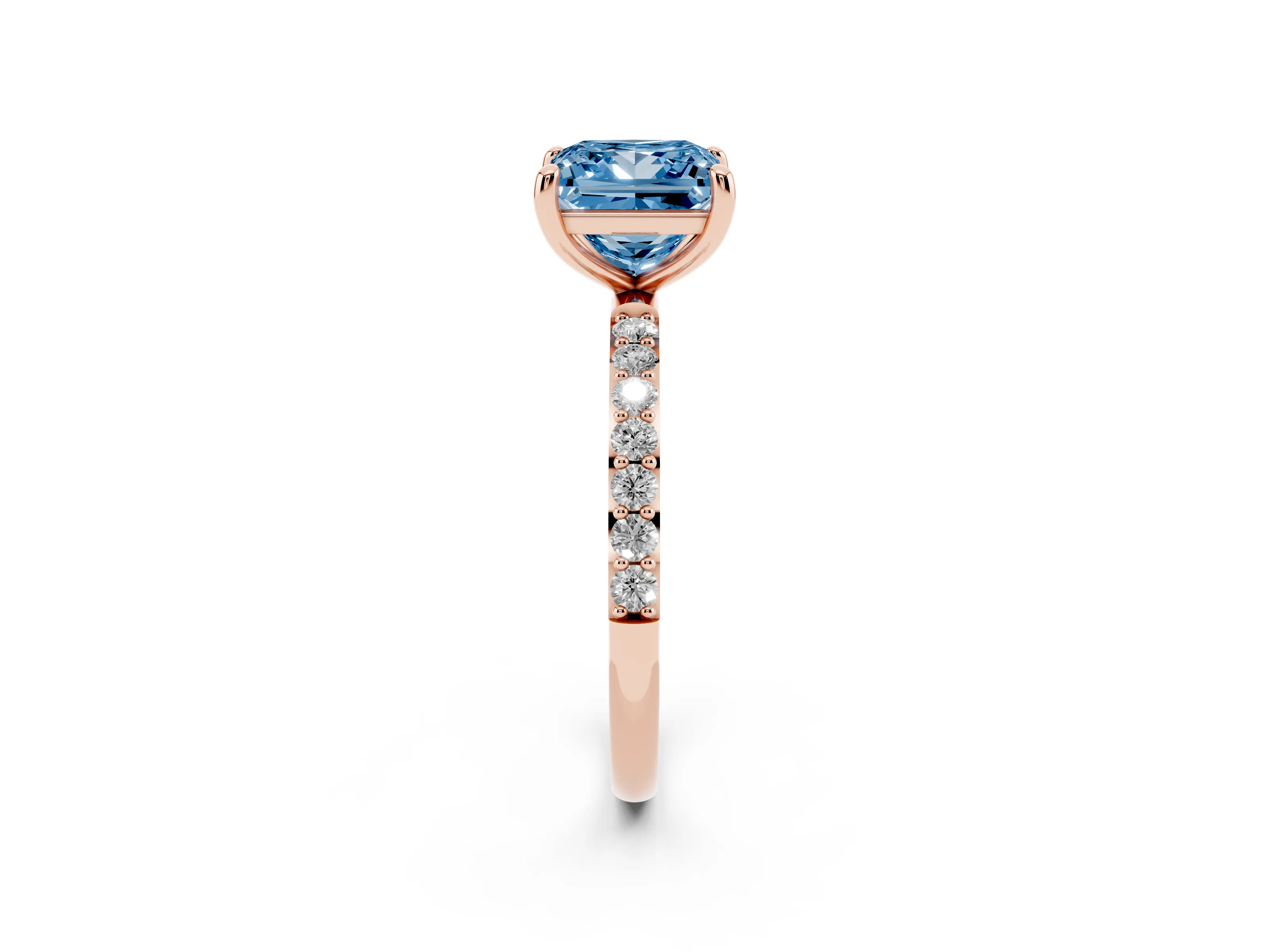 Fancy Blue Princess Cut Diamond Solitaire Ring Set in Rose gold with Round Pavé Band and Prong Setting