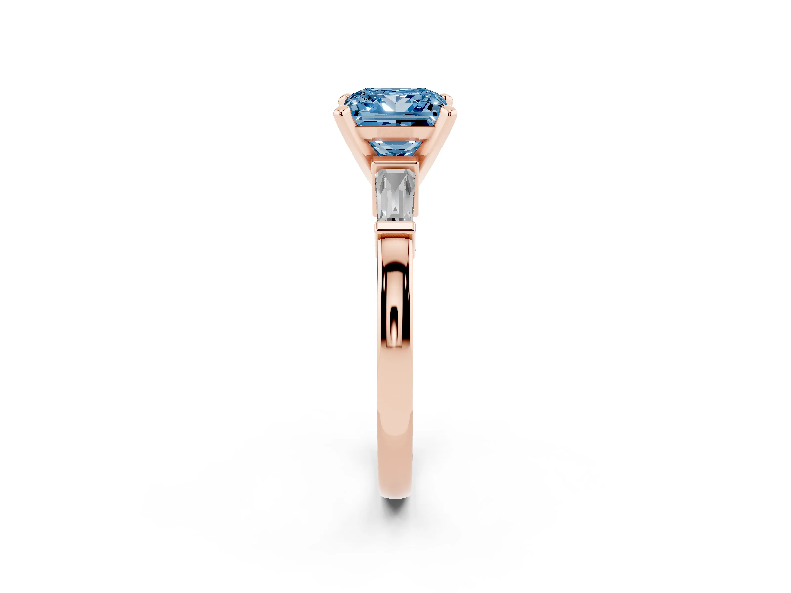 Fancy Blue Princess Cut Diamond Solitaire Ring Set in Rose gold with Tapered Baguette Accents and Prong Setting