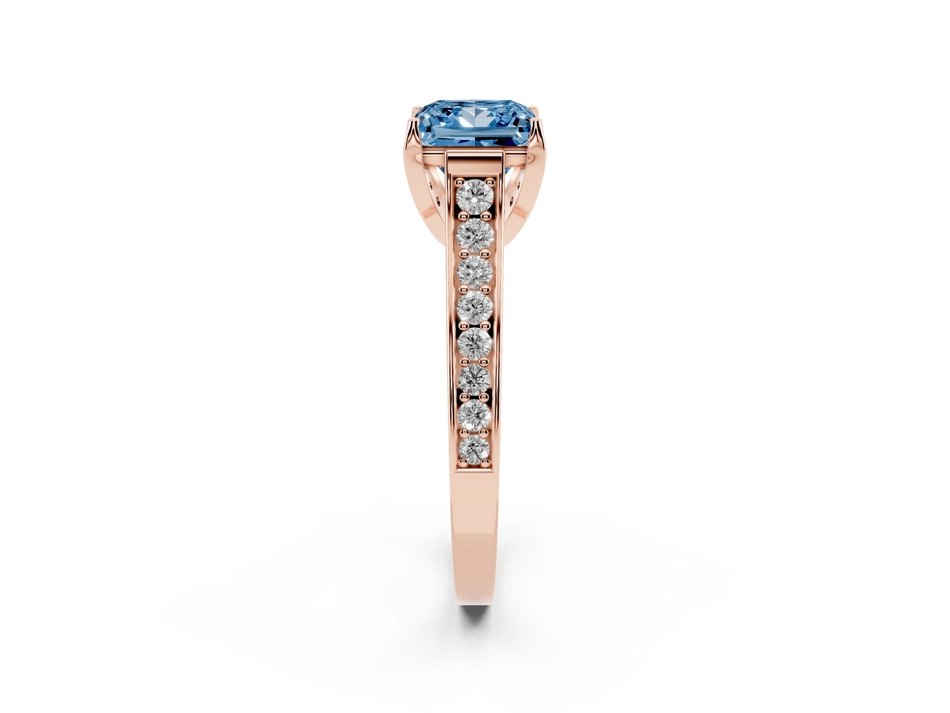 Fancy Blue Princess Cut Diamond Solitaire Pavé Engagement Ring Set in Rose gold with Prong Setting