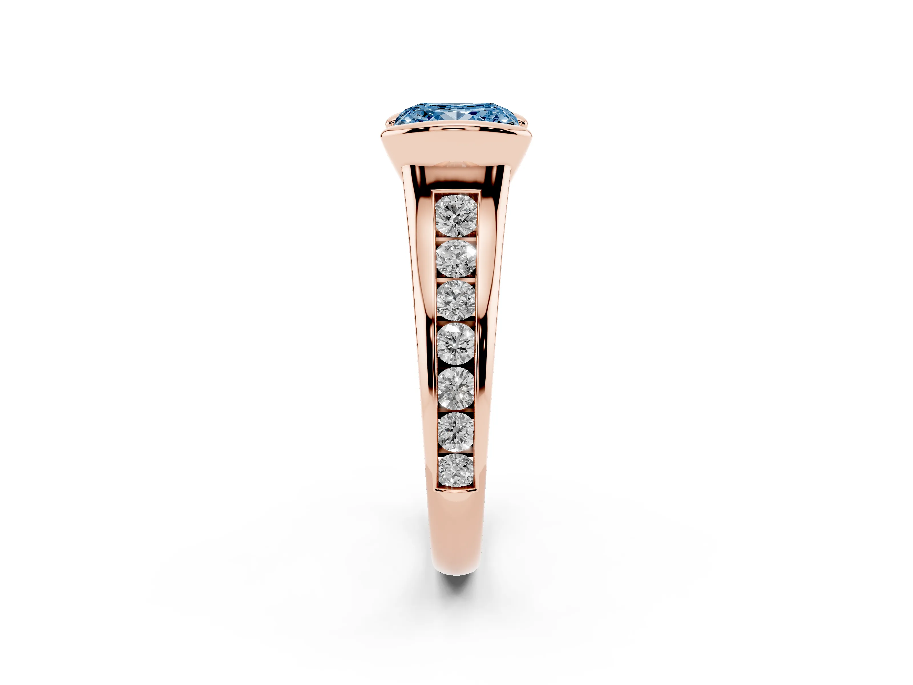 Fancy Blue Princess Cut Diamond Bezel-Set Solitaire Ring Set in Rose gold with Channel-Set Band