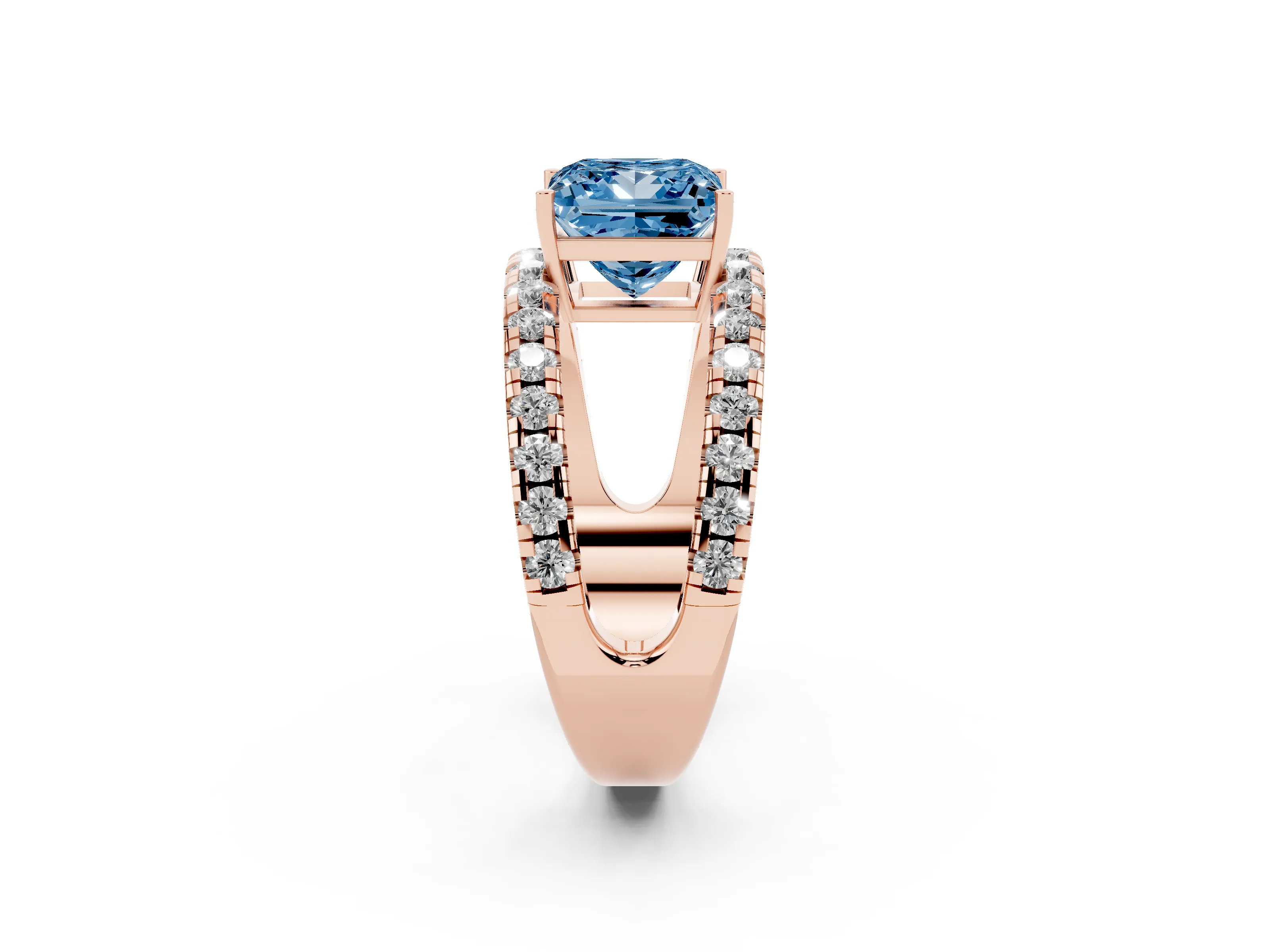 Fancy Blue Princess Cut Diamond Split Shank Pavé Solitaire Ring Set in Rose gold with Open Shank Design