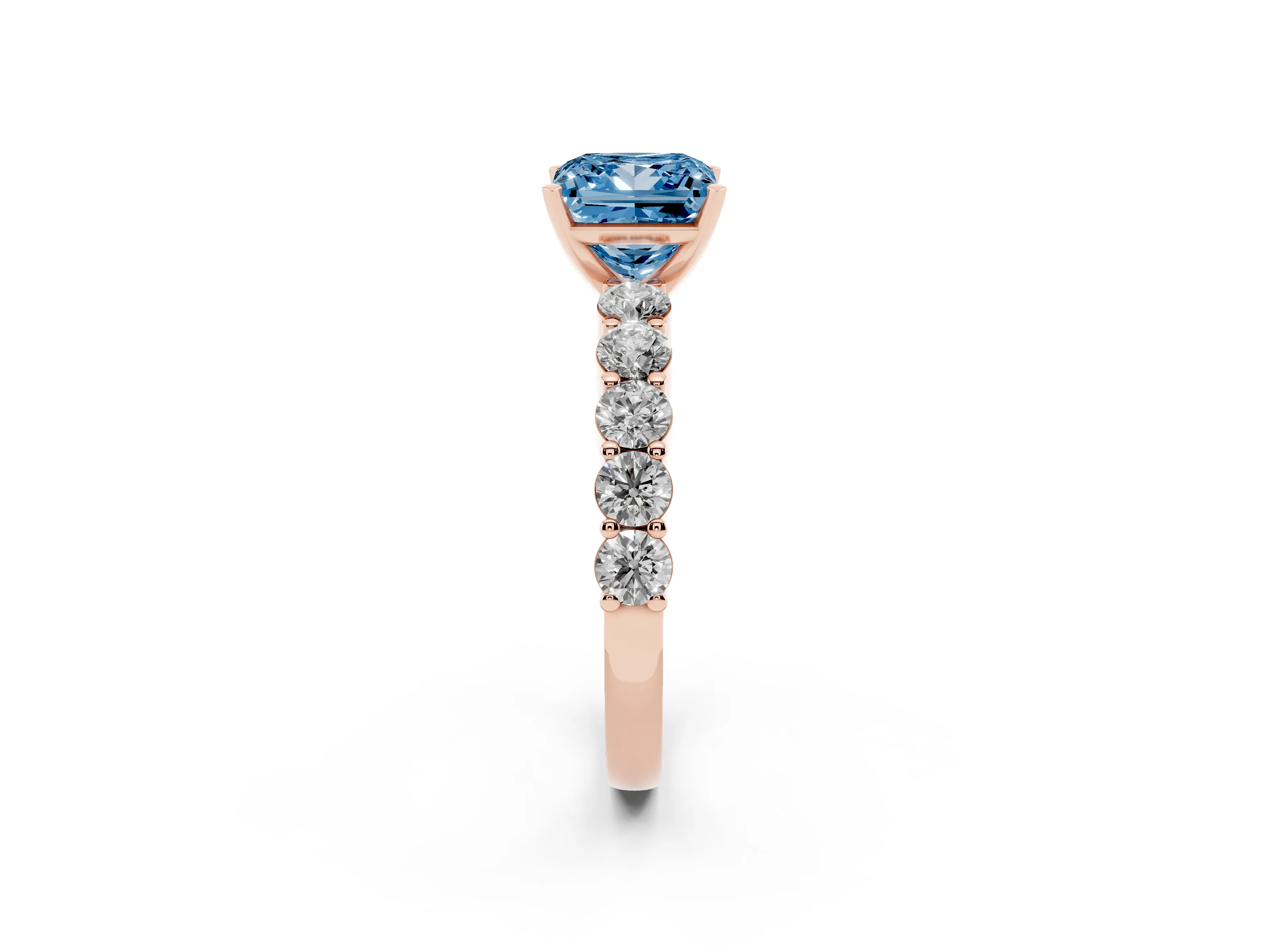 Fancy Blue Princess Cut Diamond Solitaire Ring Set in Rose gold with Shared Prong Round Side Stones
