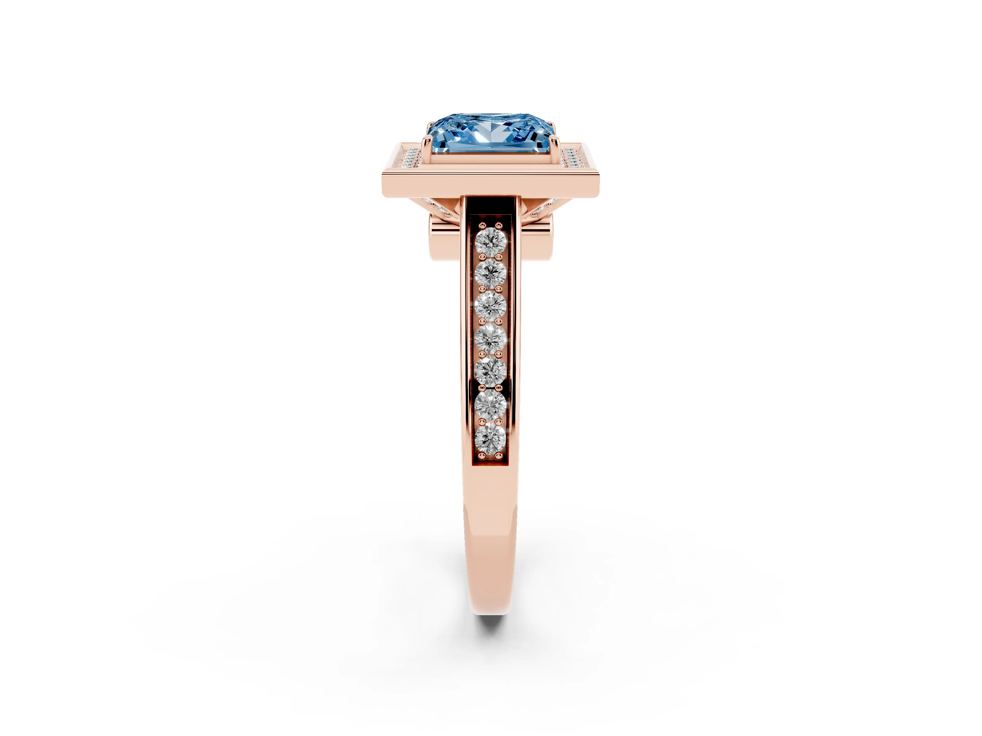 Fancy Blue Princess Cut Diamond Halo Solitaire Ring Set in Rose gold with Pavé Band and Bezel Setting