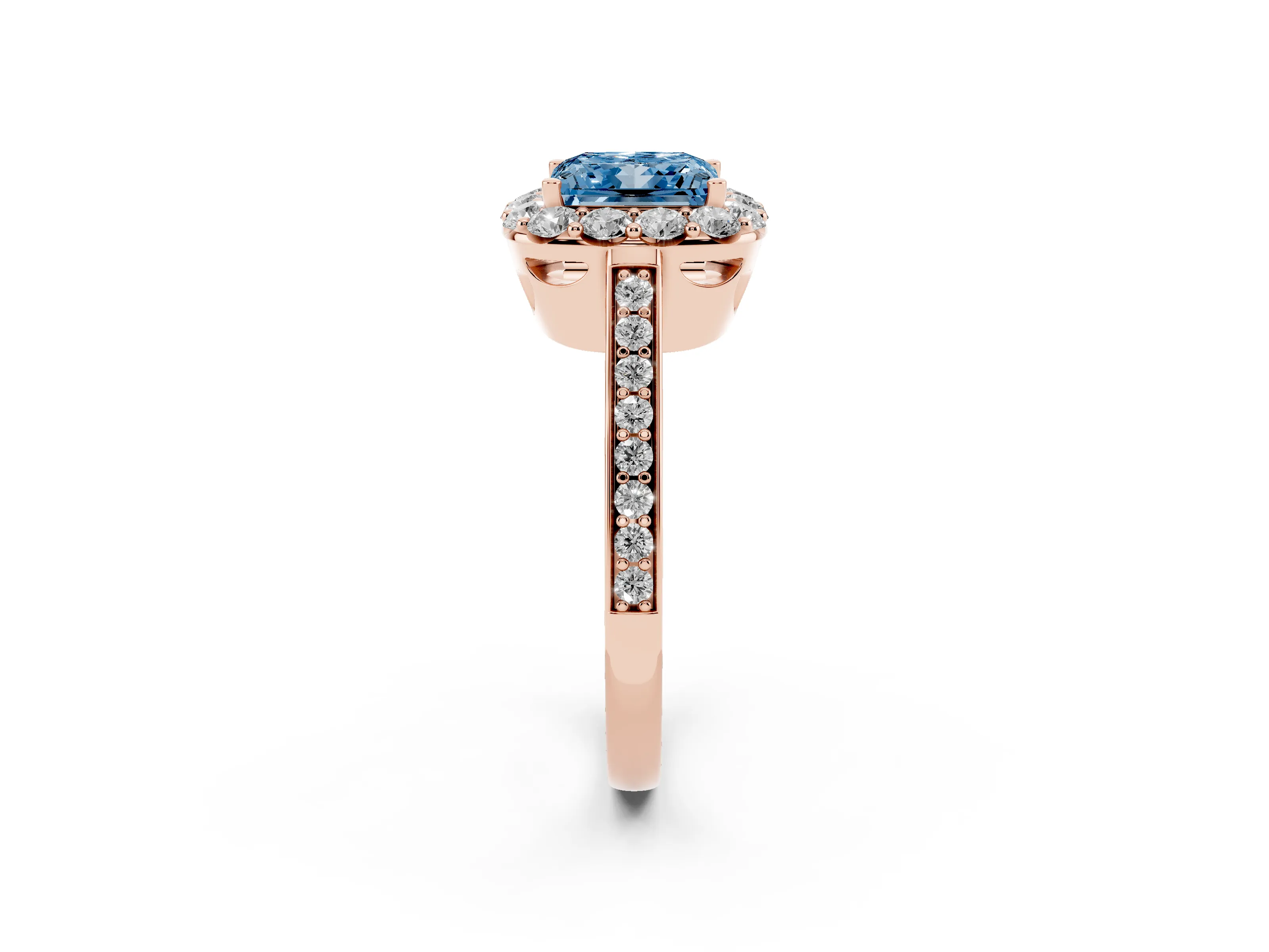 Fancy Blue Princess Cut Diamond Floral Halo Ring Set in Rose gold with Pavé Band and Prong Setting