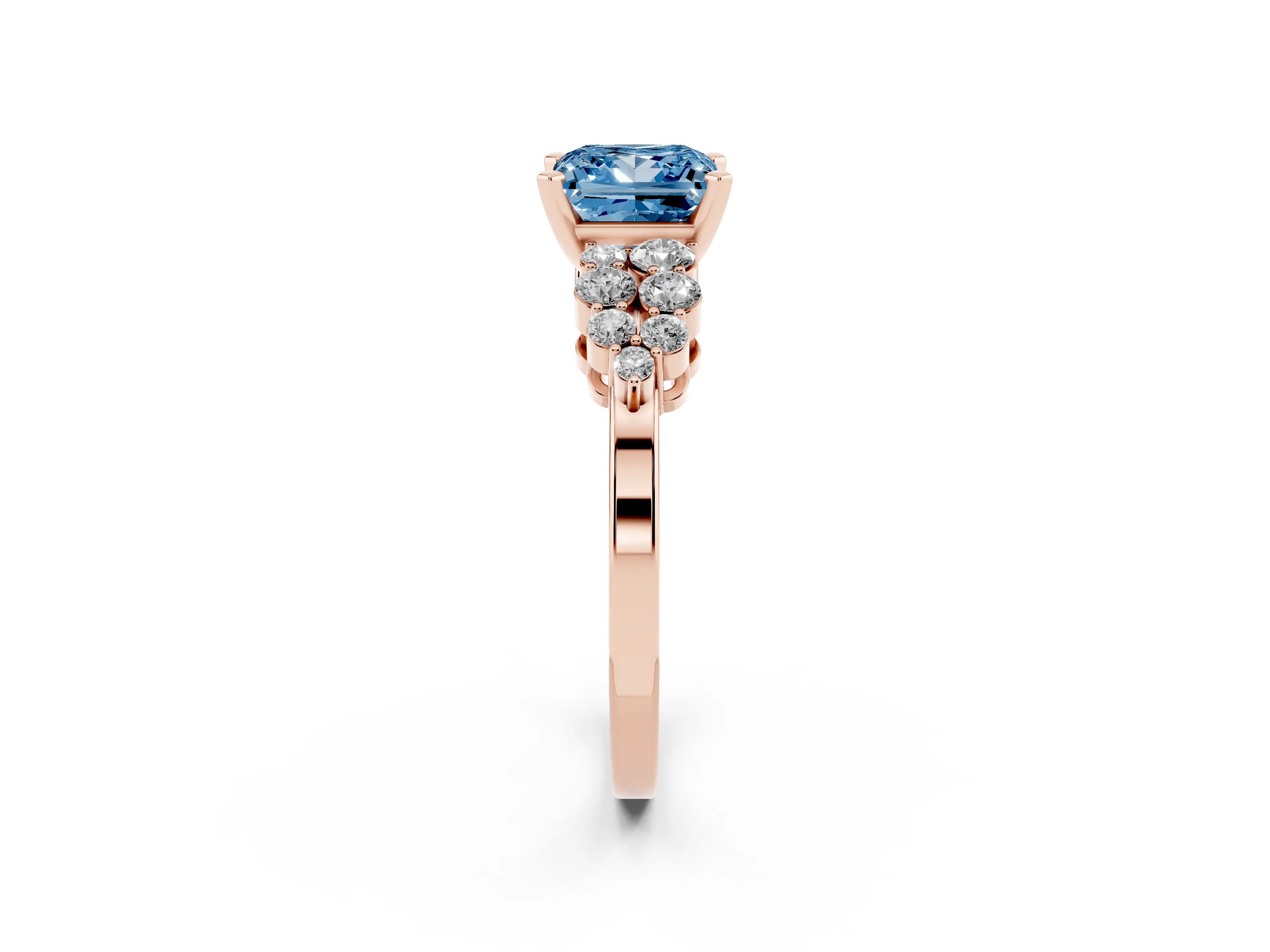 Fancy Blue Princess Cut Diamond Cluster Engagement Ring Set in Rose gold with Pavé Band and Prong Setting