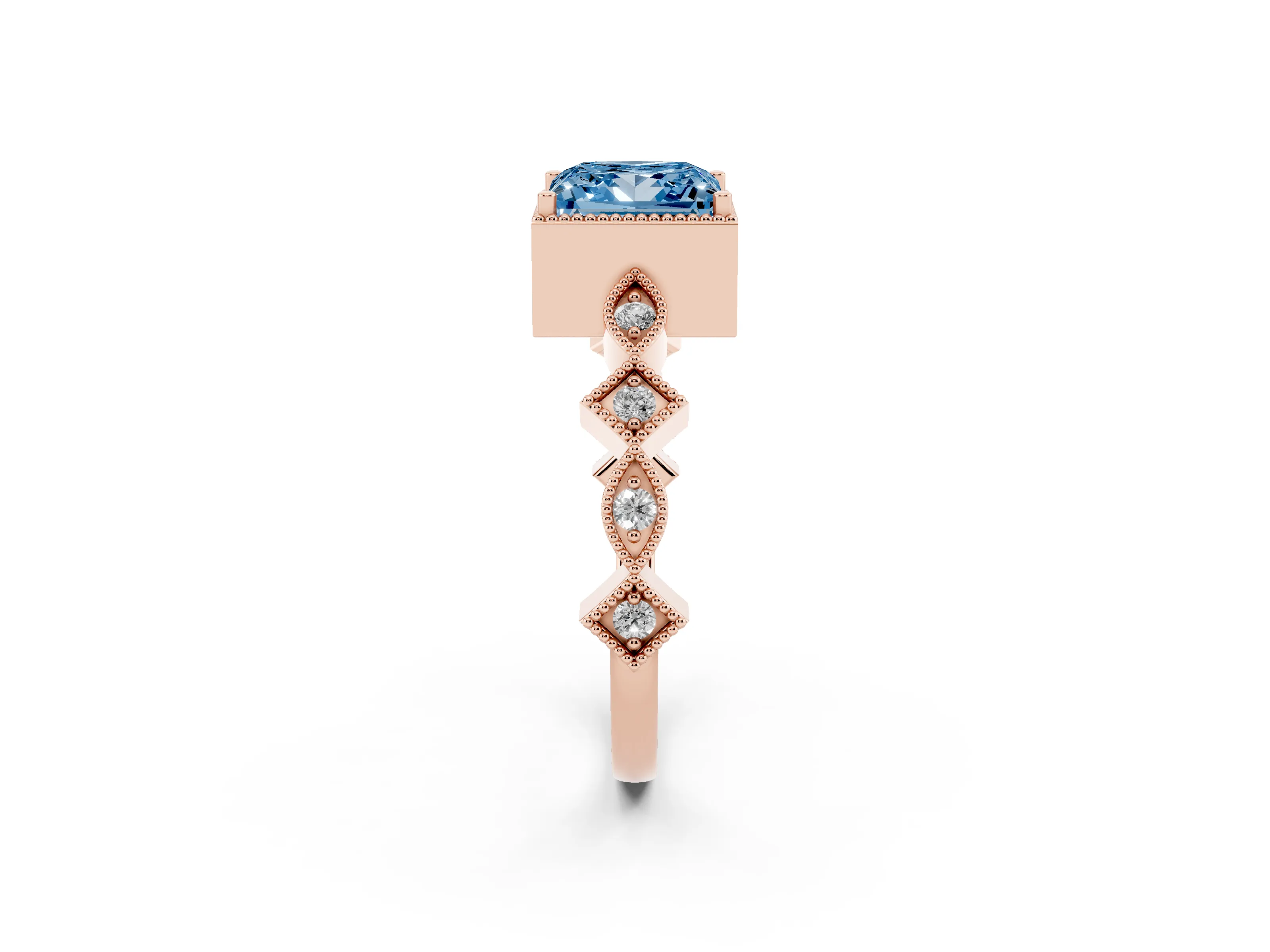 Fancy Blue Princess Cut Diamond Milgrain Marquise Twist Band Ring Set in Rose gold with Prong Setting