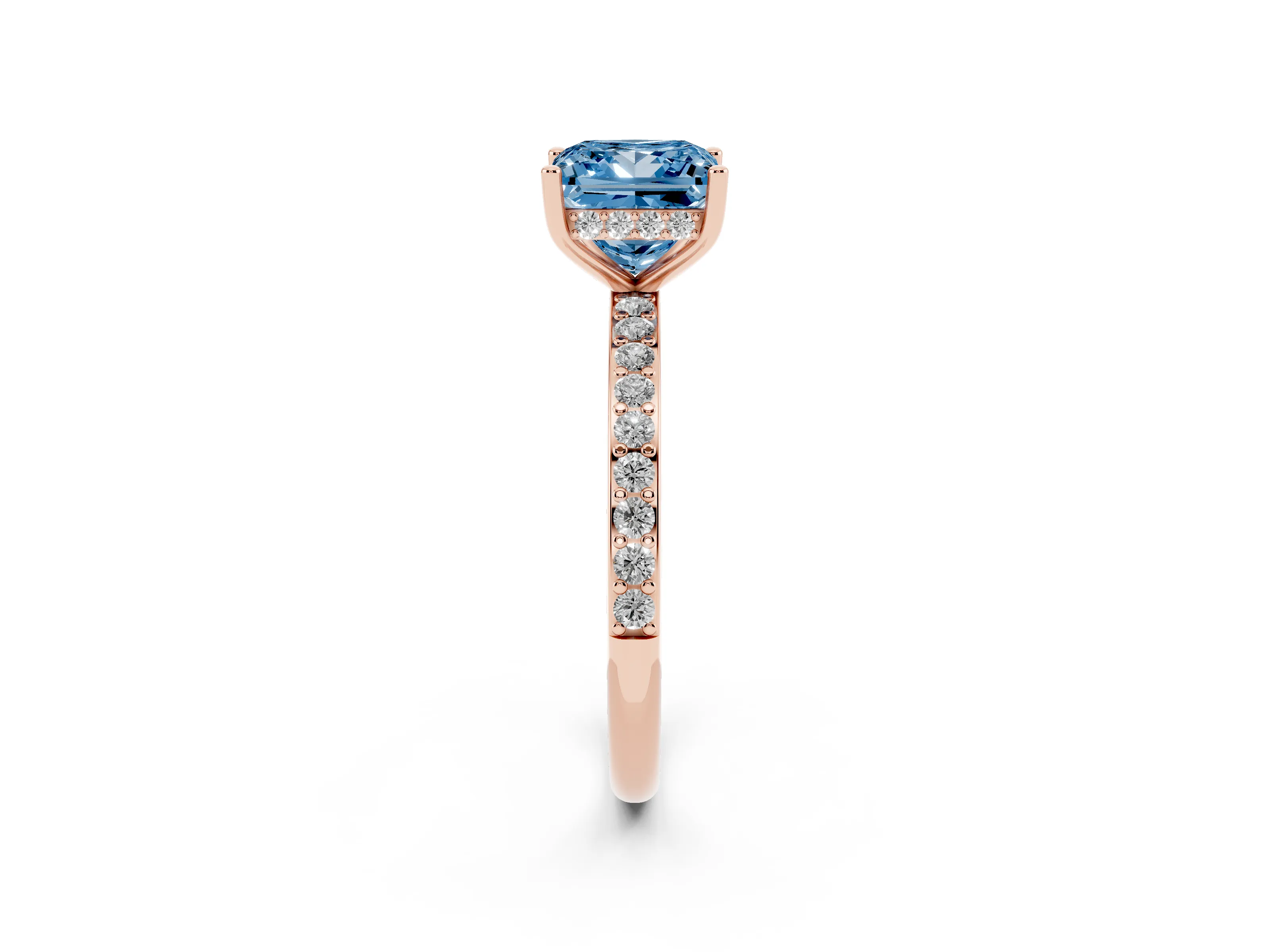 Fancy Blue Princess Cut Diamond Pavé Band Ring Set in Rose gold with Prong-Set Center Stone