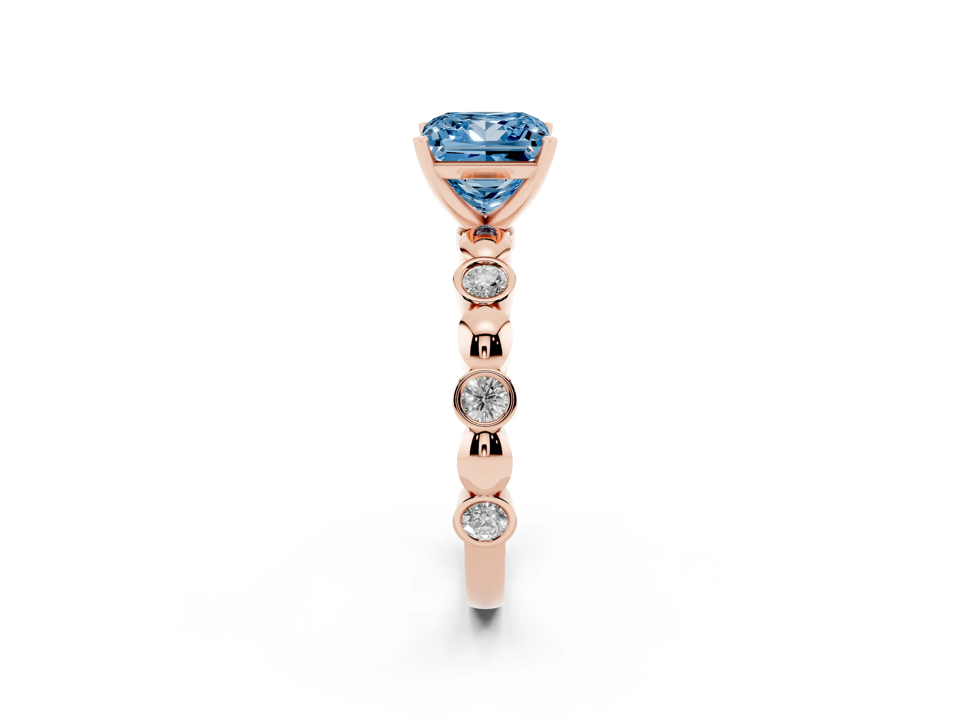 Fancy Blue Princess Cut Diamond Solitaire Ring Set in Rose gold with Bezel-Set Accents on Beaded Band and Prong Setting