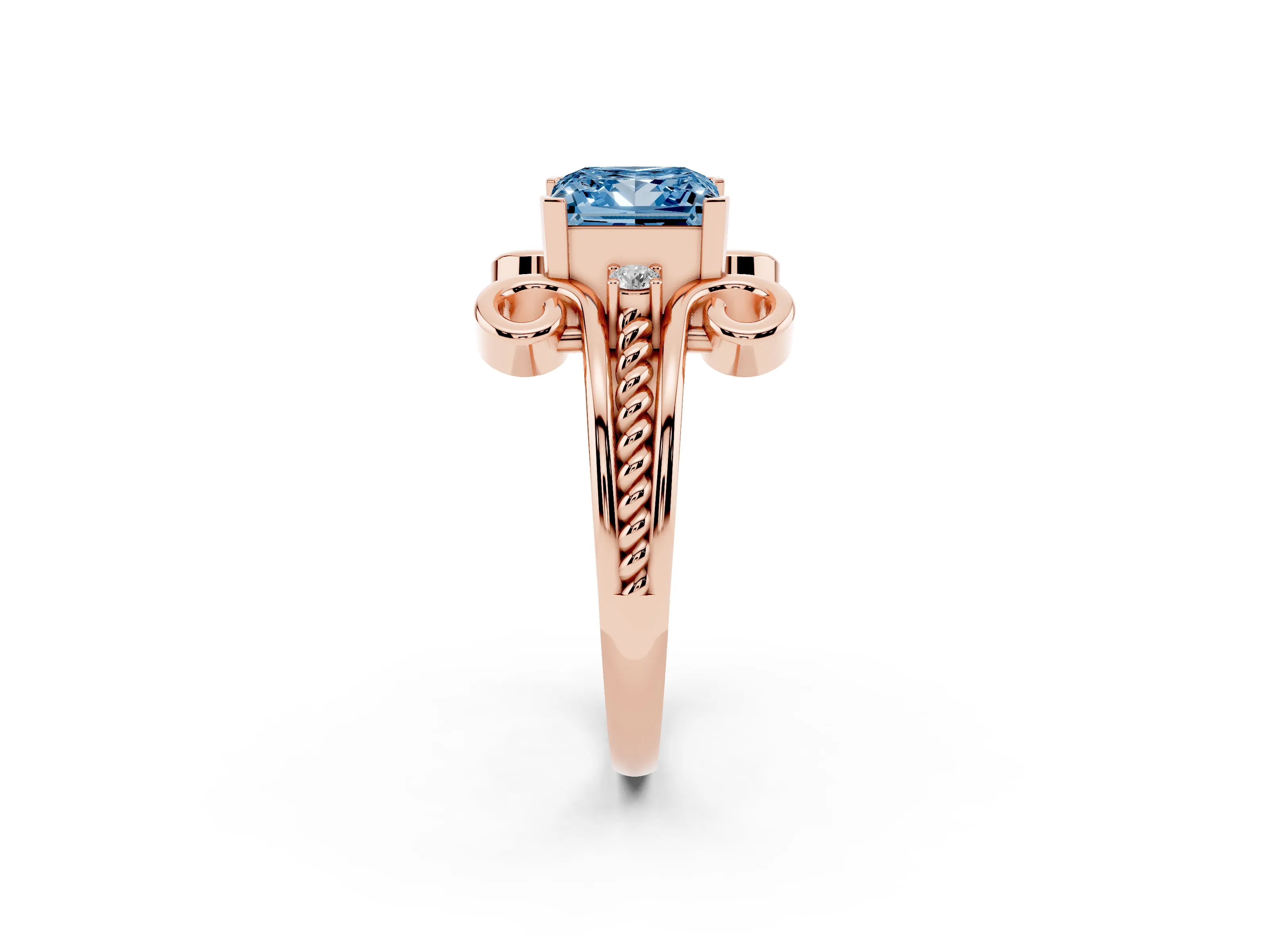 Fancy Blue Princess Cut Diamond Twisted Band Solitaire Ring Set in Rose gold with Scroll Prongs