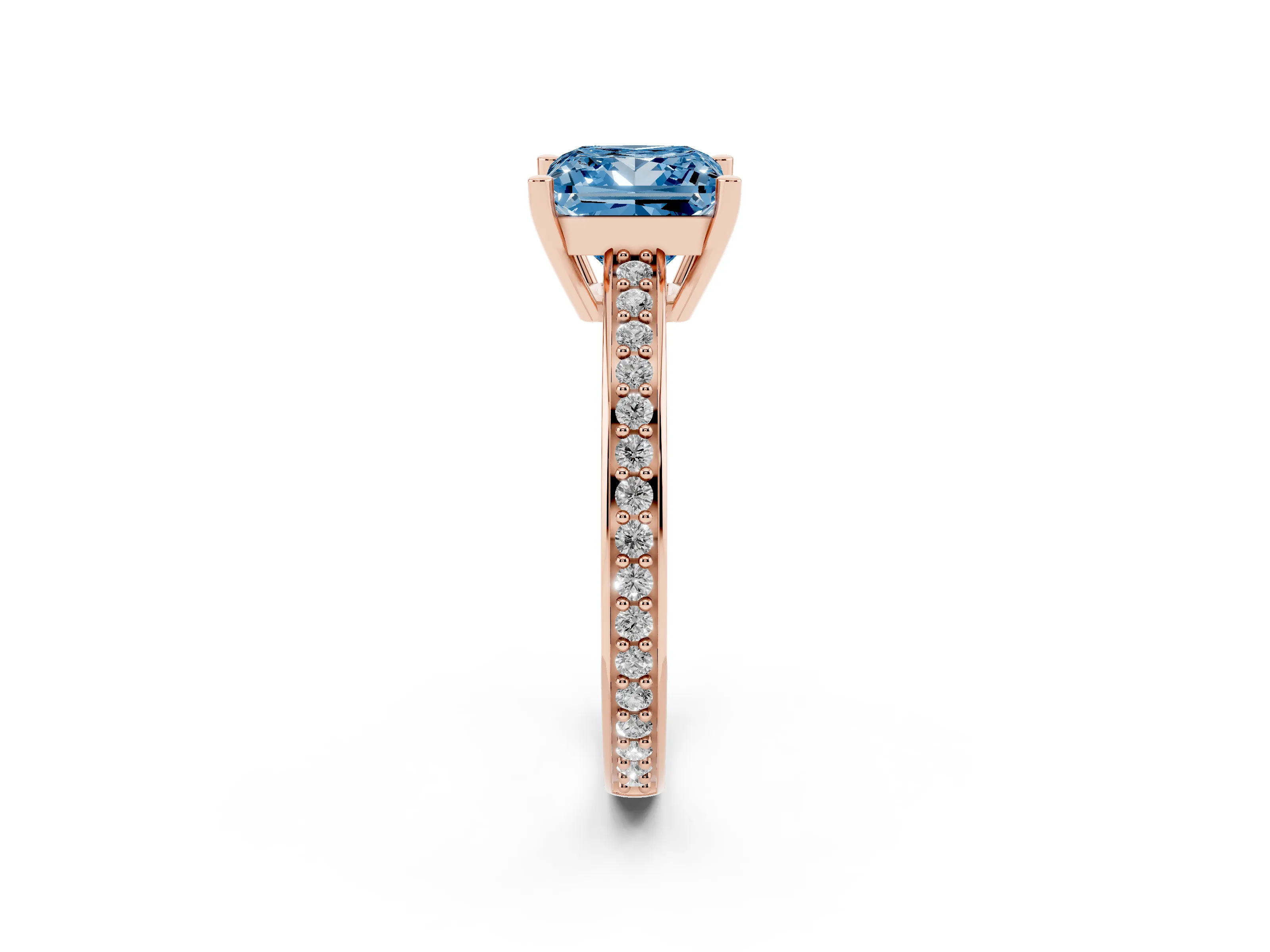Fancy Blue Princess Cut Diamond Pavé Band Prong Set Solitaire Ring Set in Rose gold