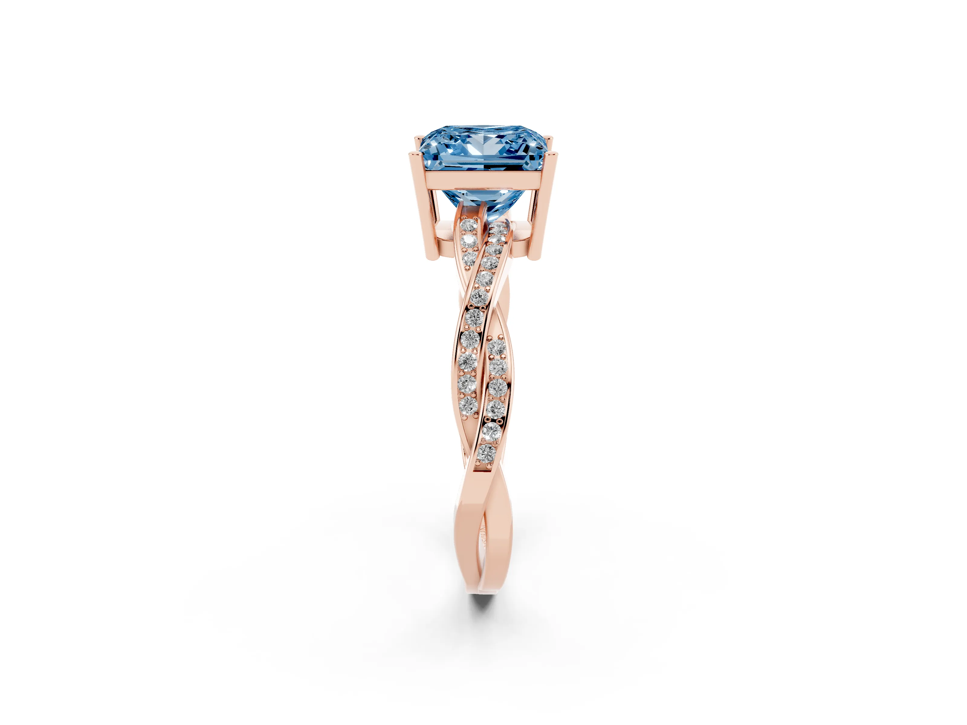 Fancy Blue Princess Cut Diamond Solitaire Twisted Pavé Ring Set in Rose gold with Prong Setting